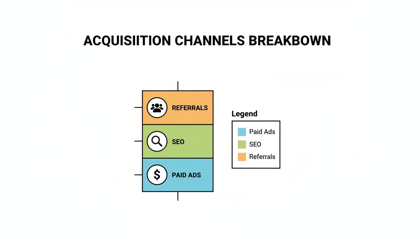 An acquisition channels breakdown chart illustrating customer sources: Referrals, SEO, and Paid Ads.