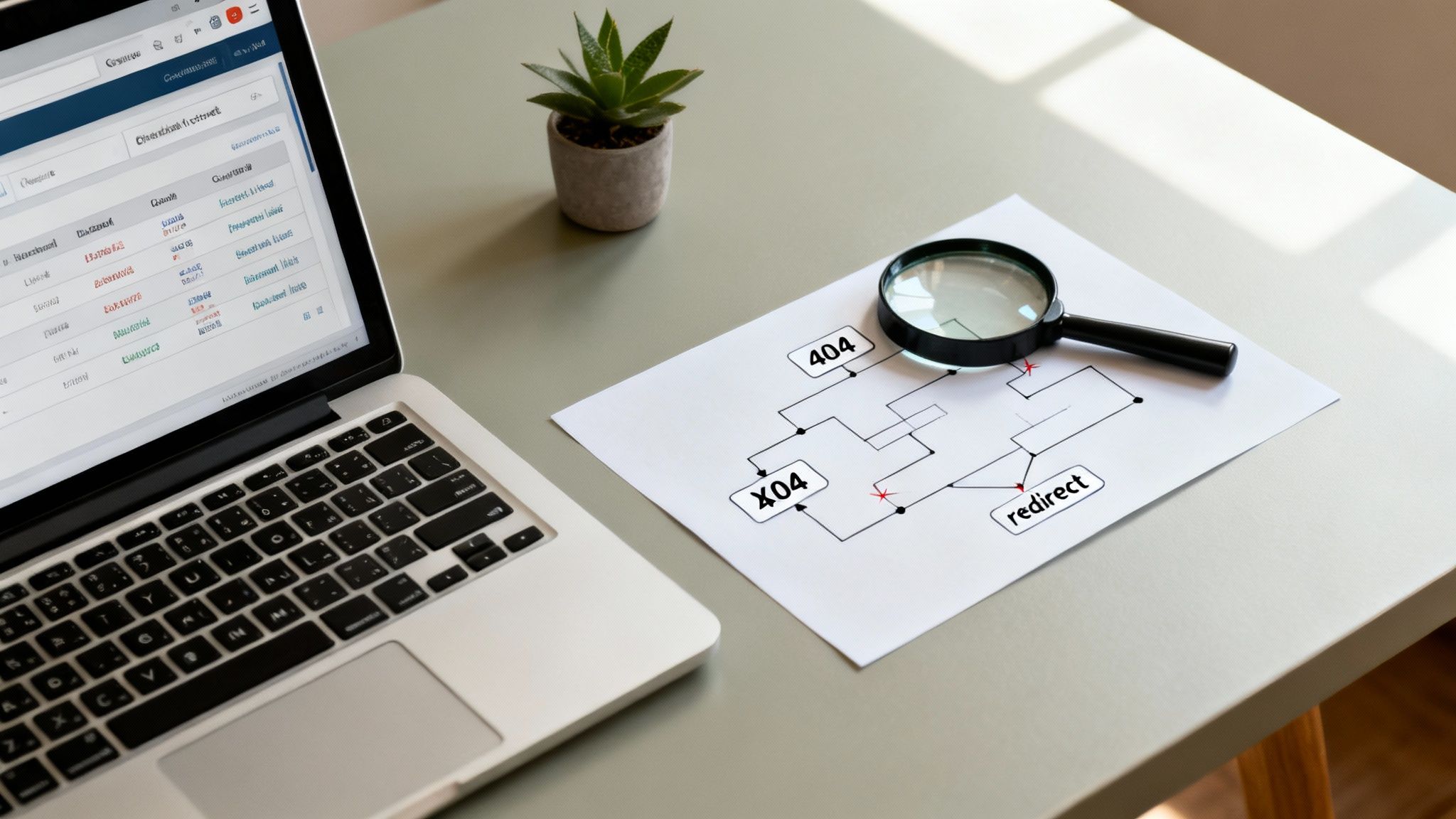 Desk setup for website auditing, showing a laptop, plant, and a diagram detailing web error codes and redirects.