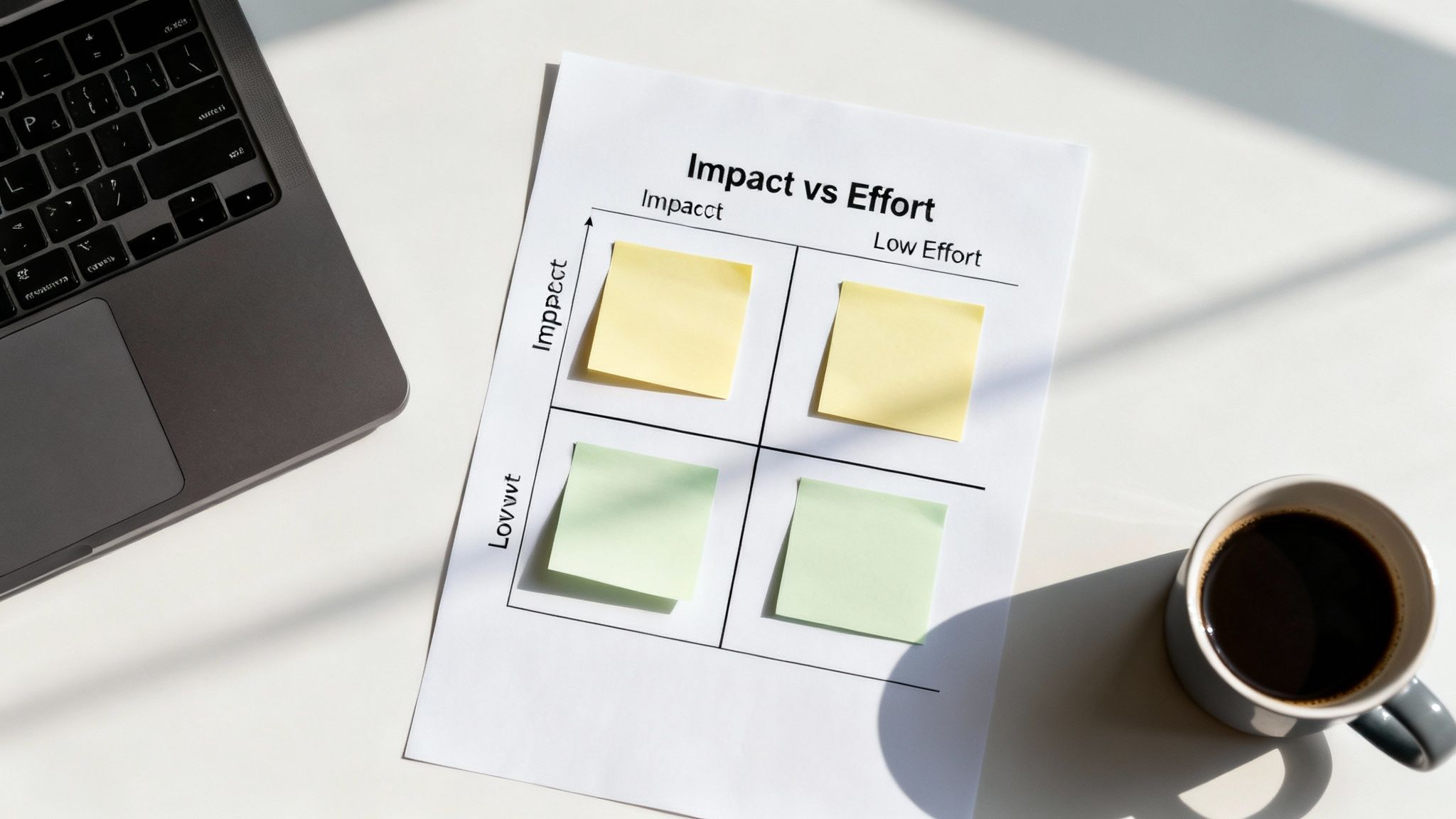 Overhead view of an Impact vs Effort matrix with sticky notes, a laptop, and coffee on a desk.