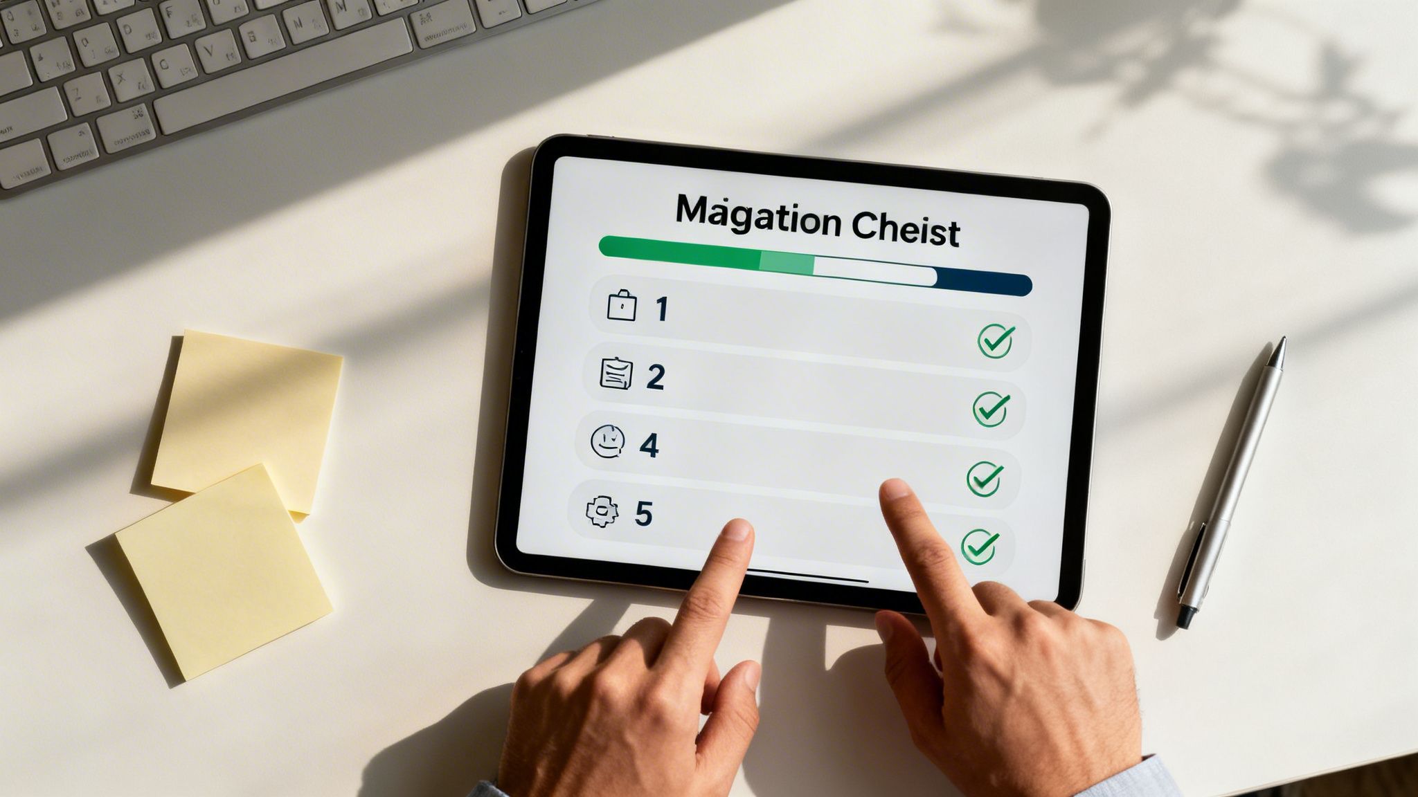 Hands interact with a tablet displaying a 'Magation Cheist' checklist on a sunny desk with sticky notes and a keyboard.