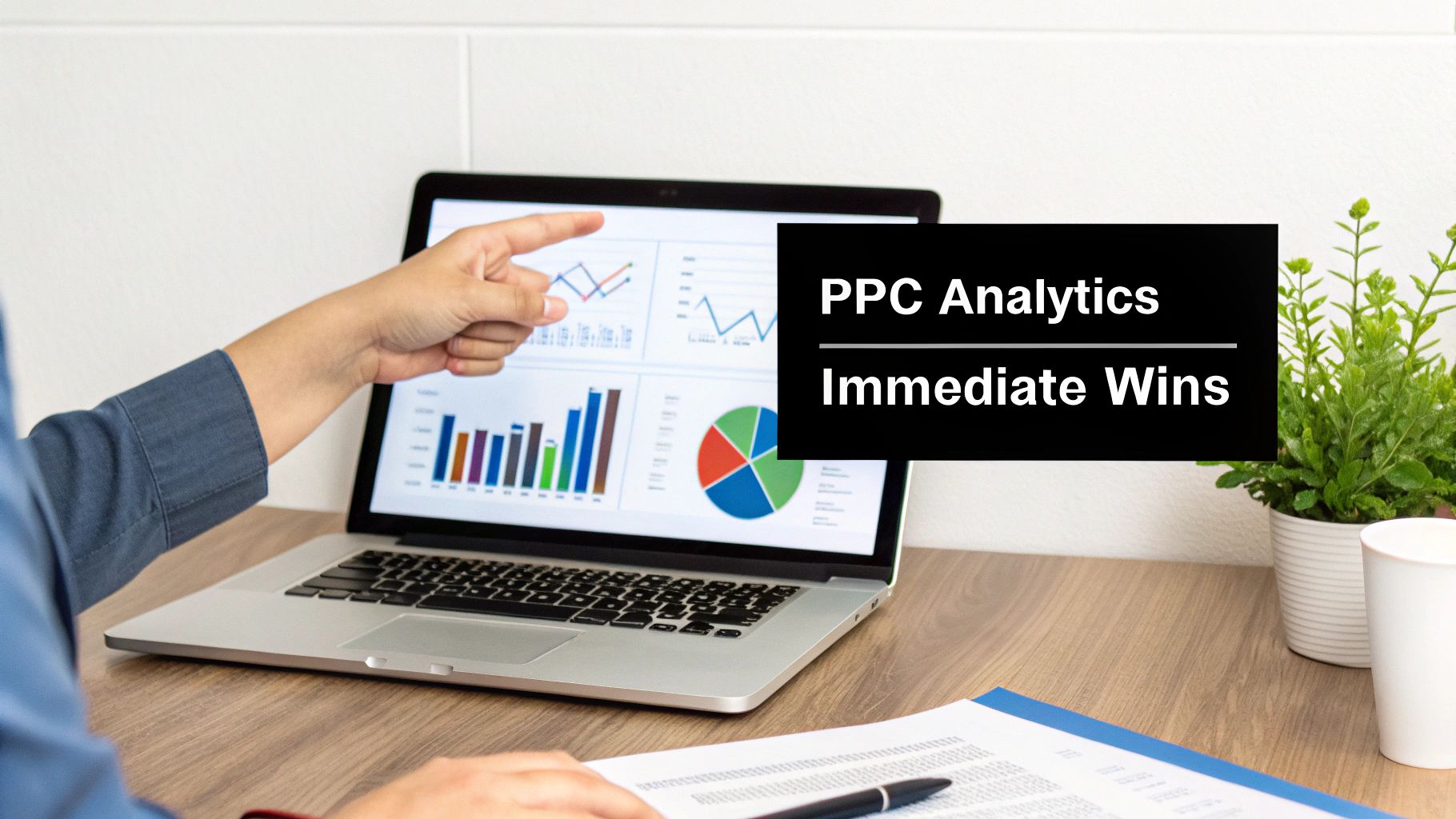 Person pointing at a laptop screen displaying PPC analytics charts and graphs for immediate wins.