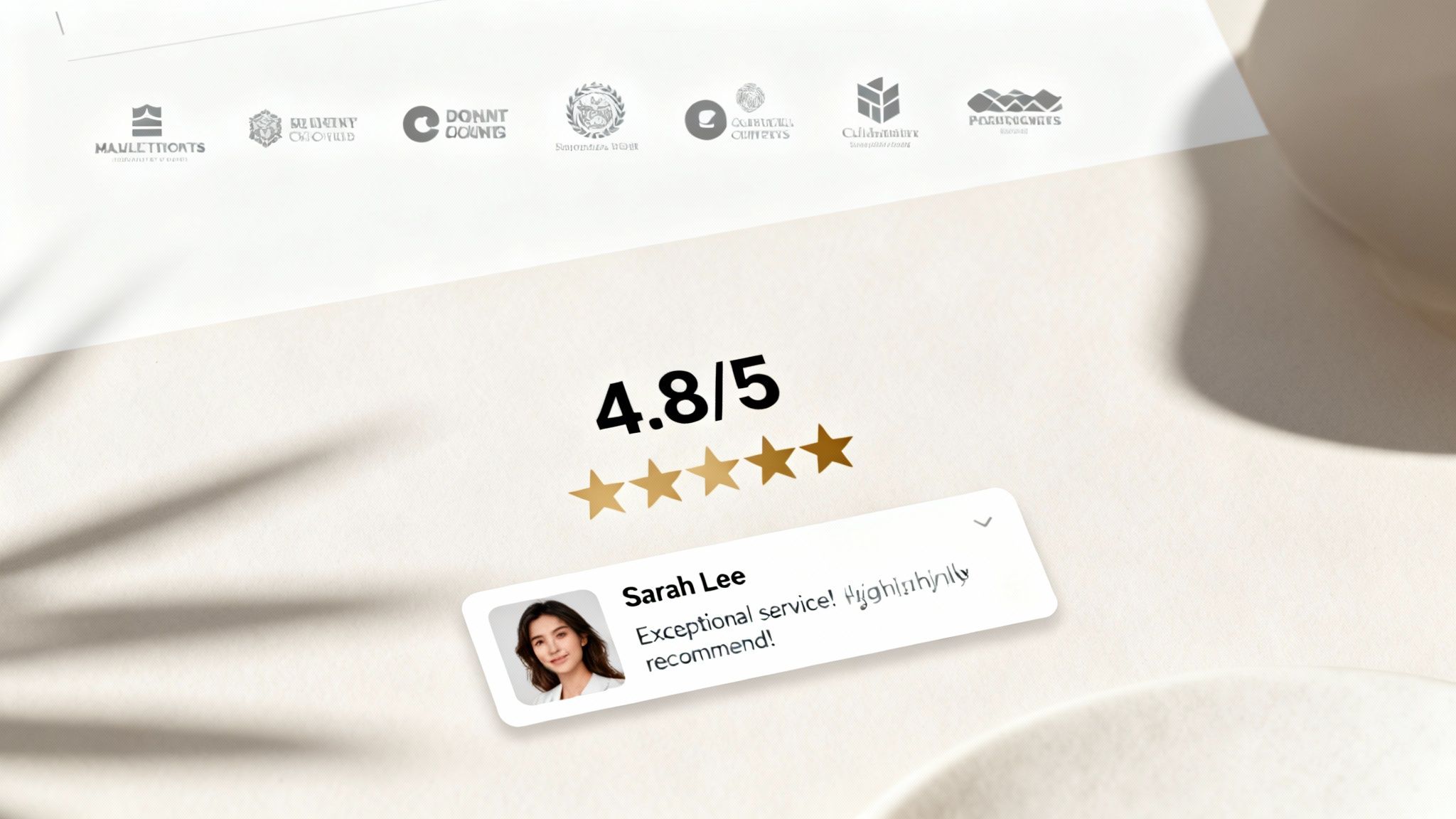 A webpage displaying customer reviews, showing a 4.8/5 rating with gold stars and a positive testimonial.