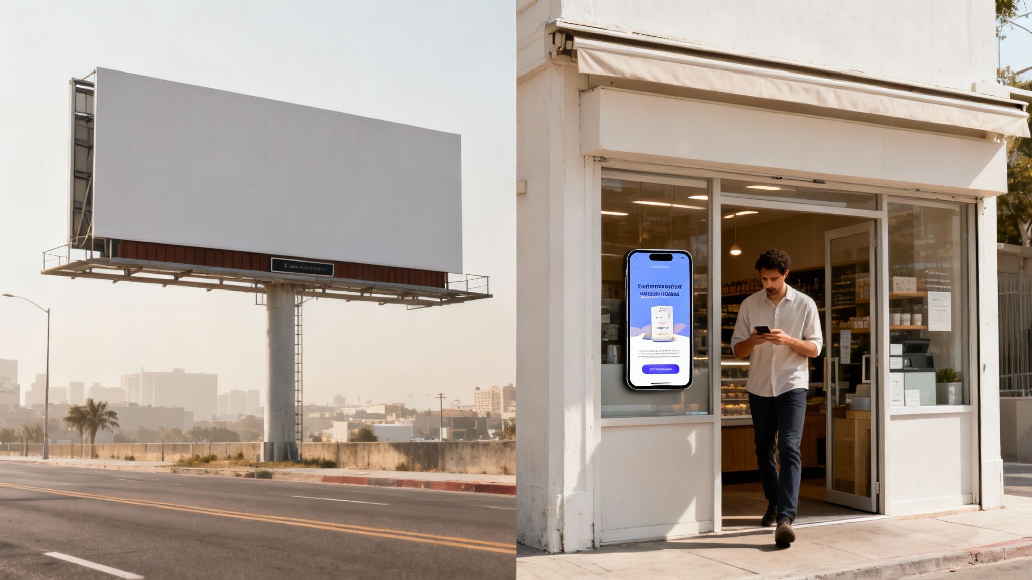 A large blank billboard next to a highway, and a man looking at his phone exiting a store.