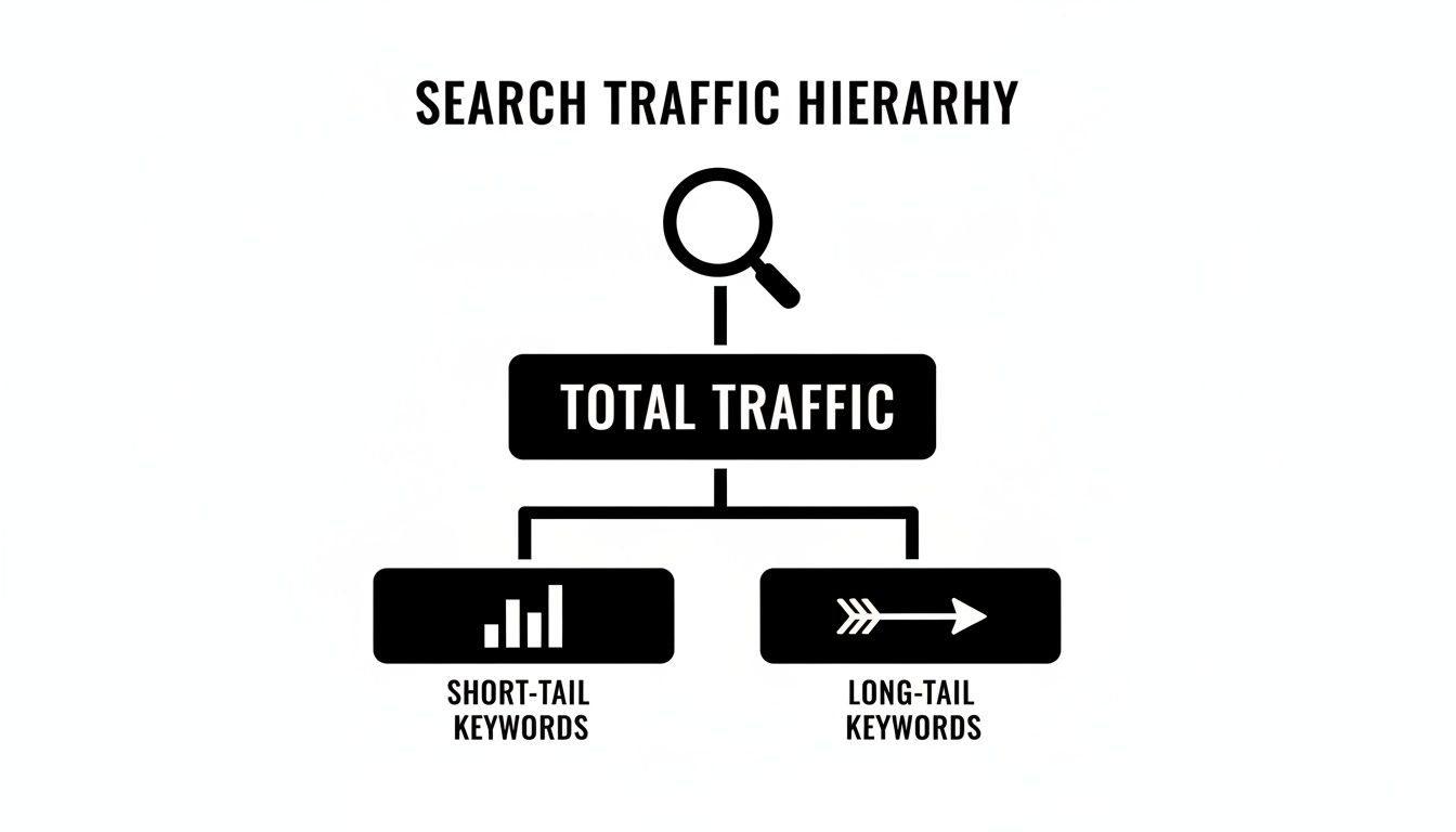 Diagram showing search traffic hierarchy with total traffic splitting into short-tail and long-tail keywords.