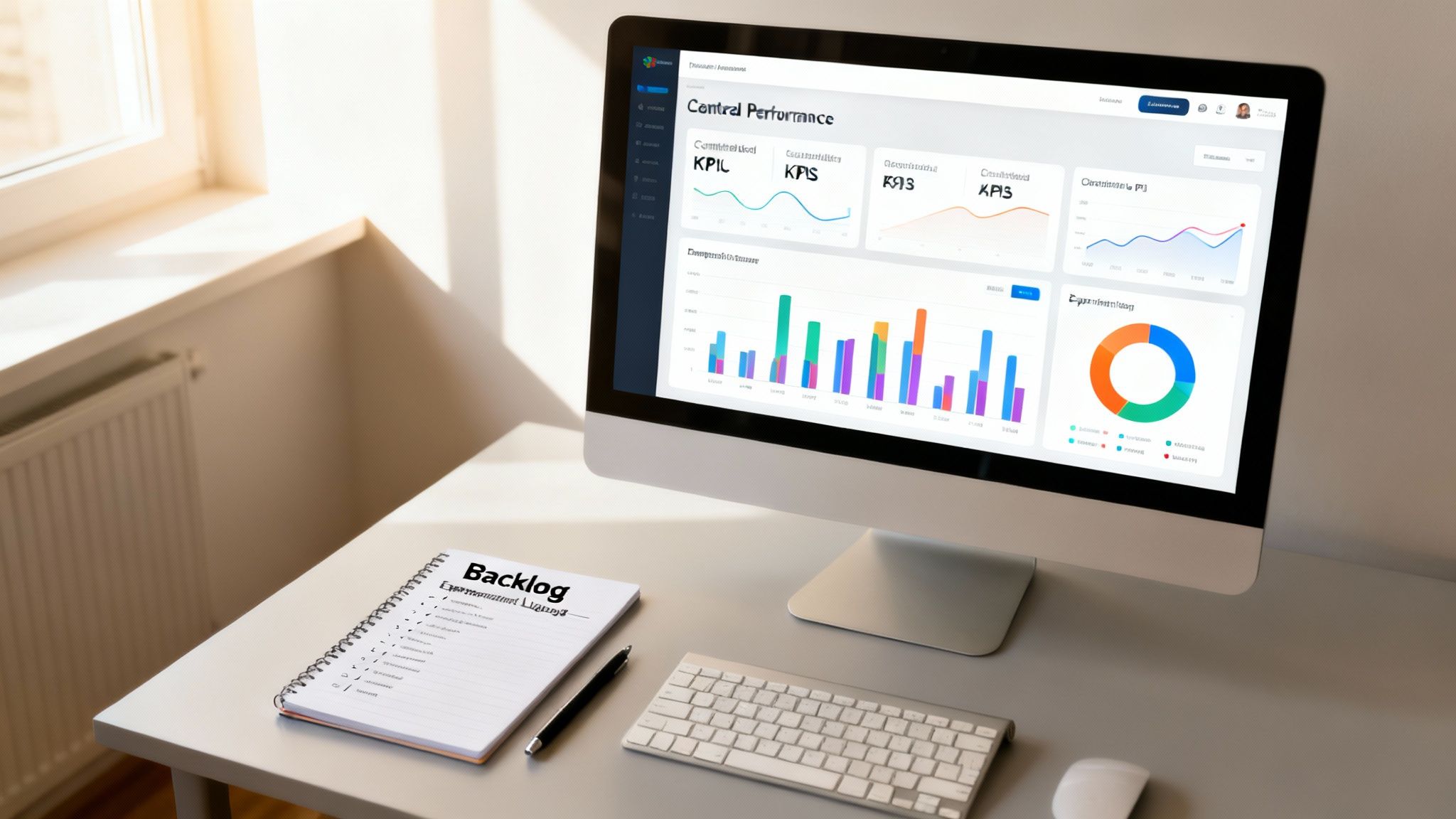 A modern workspace featuring a computer monitor displaying a performance dashboard with various charts and graphs, alongside a 'Backlog' notebook and pen.