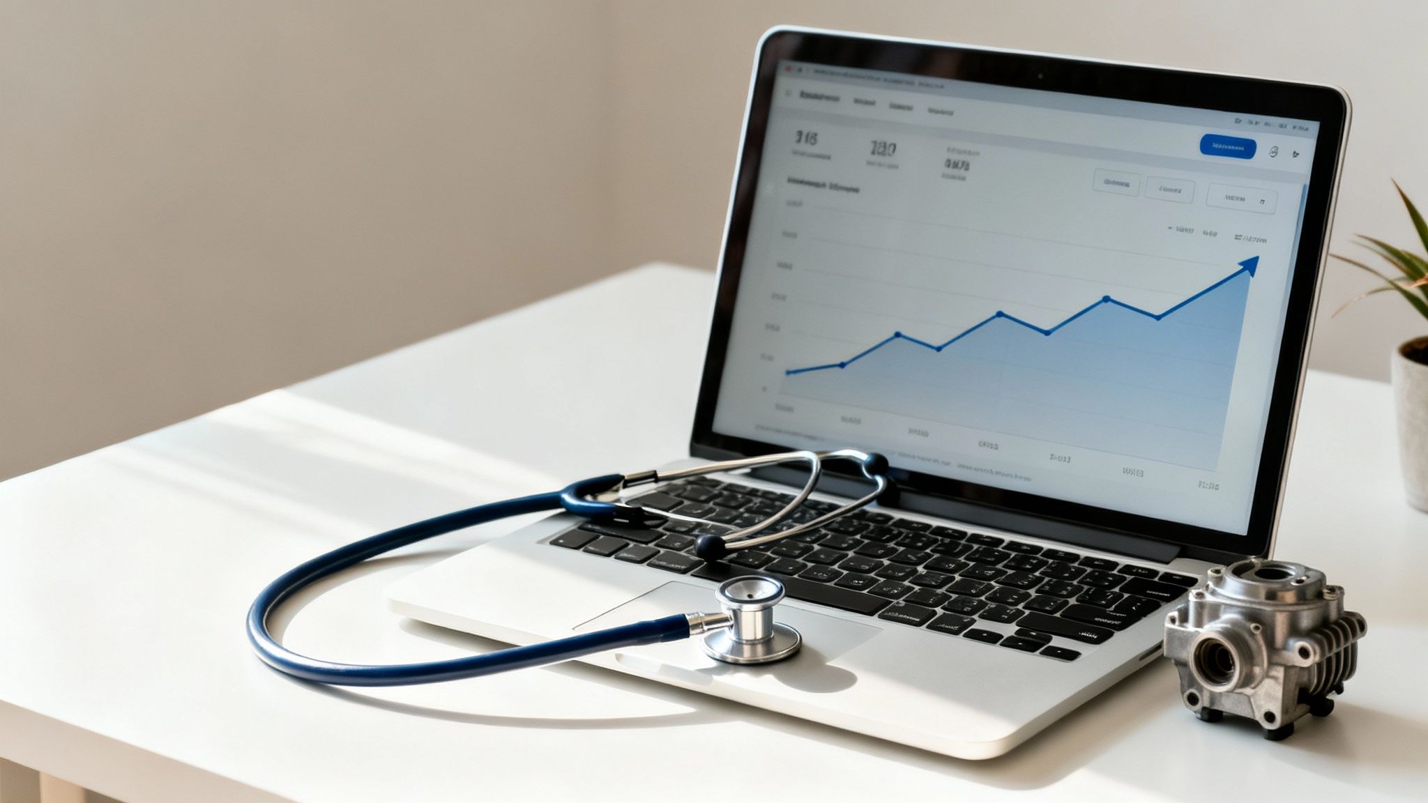 A laptop displaying a rising graph, accompanied by a stethoscope and mechanical component on a white desk.