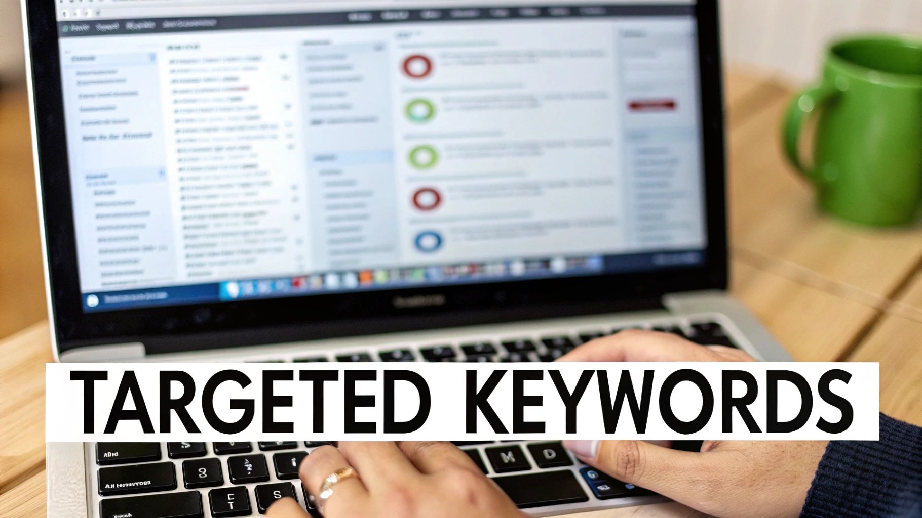 Hands typing on a laptop displaying software, with 'TARGETED KEYWORDS' text overlay.
