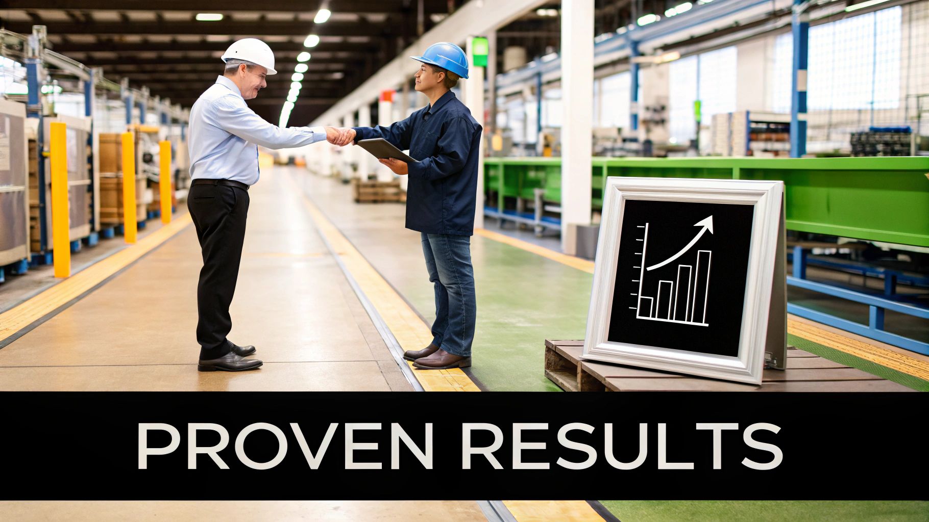 Two men in a factory shake hands, with a sign showing an upward-trending graph for proven results.