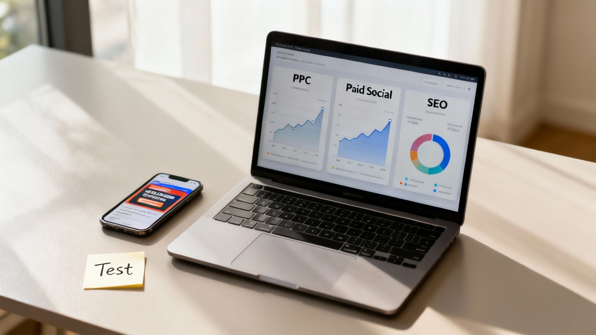 Laptop displaying a marketing analytics dashboard for PPC, Paid Social, and SEO, next to a smartphone and a 'Test' sticky note.