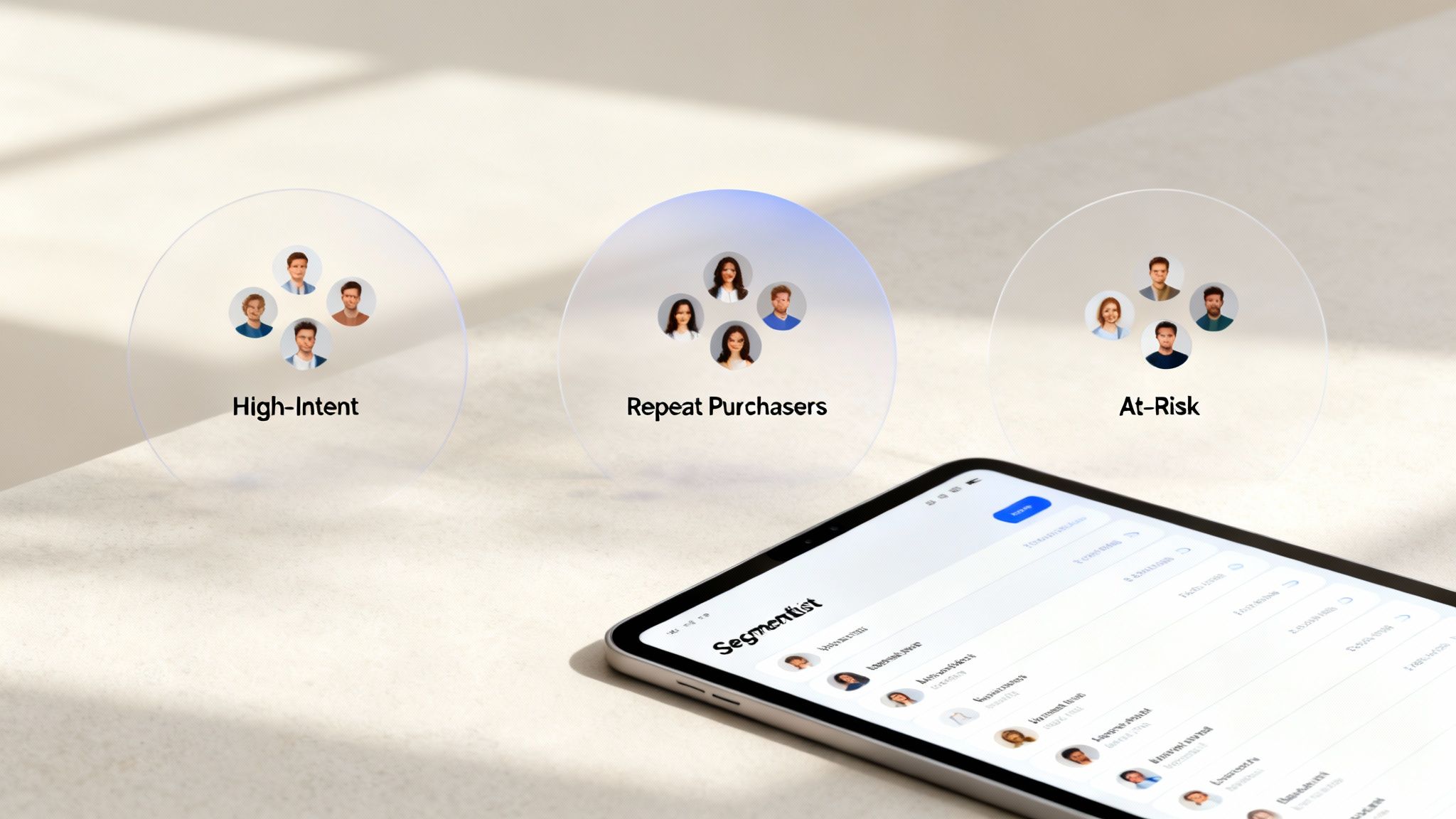 Tablet displays customer segments: High-Intent, Repeat Purchasers, and At-Risk, with avatars.