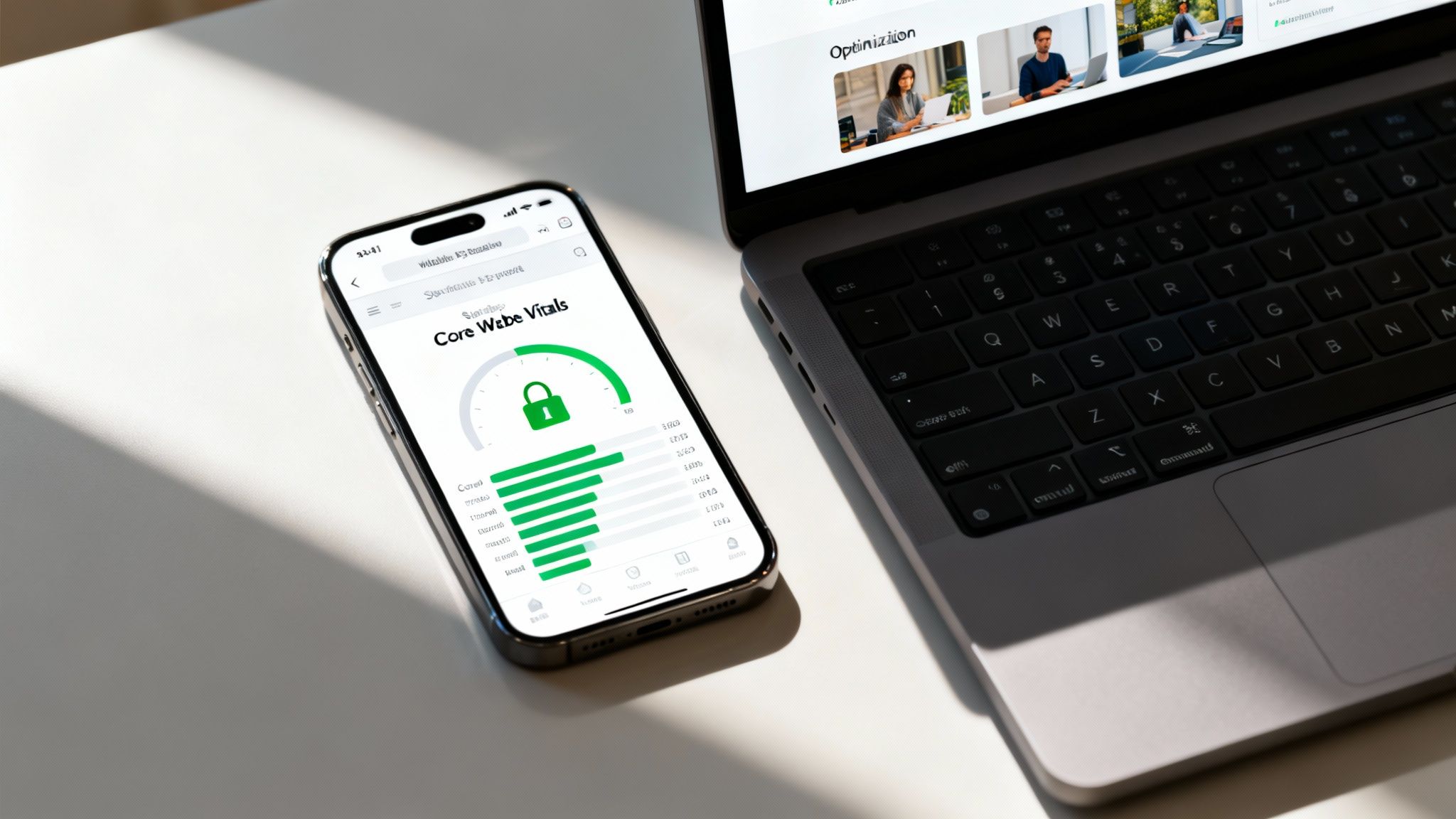 A smartphone showing Core Web Vitals performance data next to a laptop displaying website optimization content.