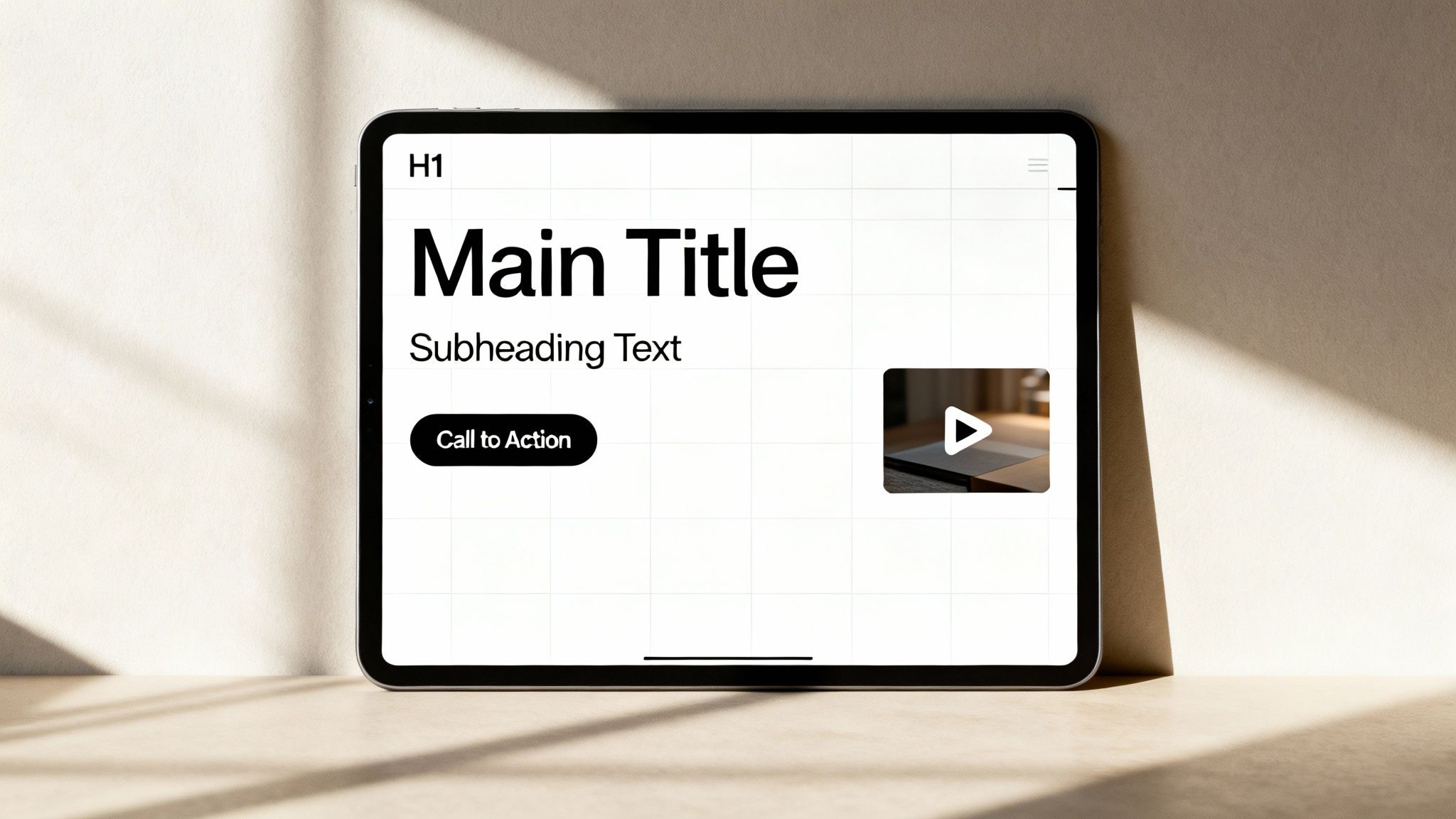 A tablet displays a modern landing page design with a main title, subheading, CTA button, and video.