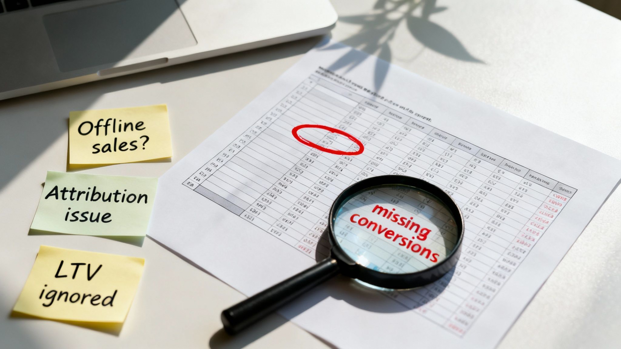 A desk with a data sheet, magnifying glass showing 'missing conversions', and sticky notes about 'offline sales', 'attribution issue', 'LTV ignored'.