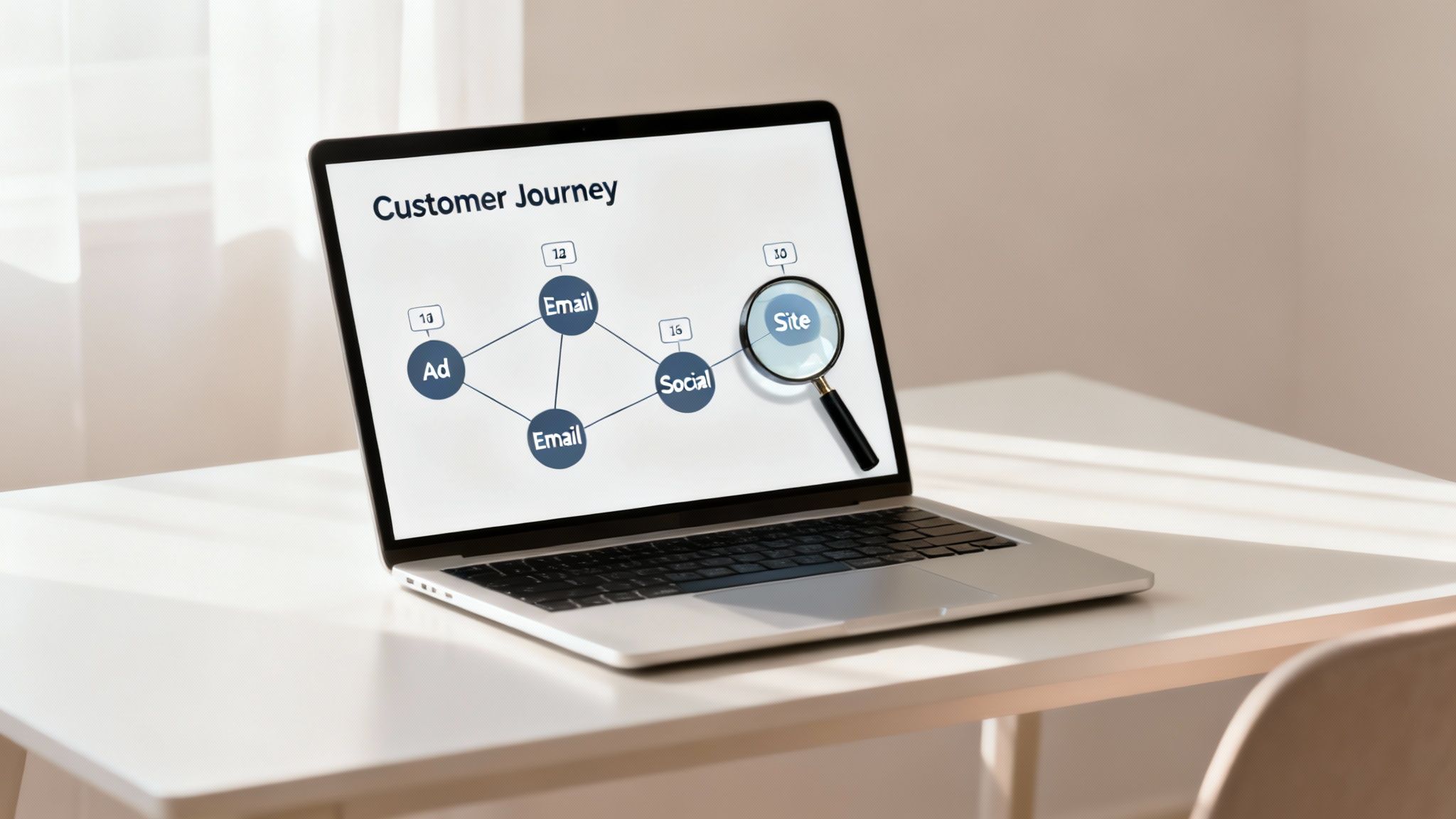 Laptop screen shows a customer journey map with 'Ad', 'Email', 'Social', and 'Site' nodes, magnified on 'Site'.