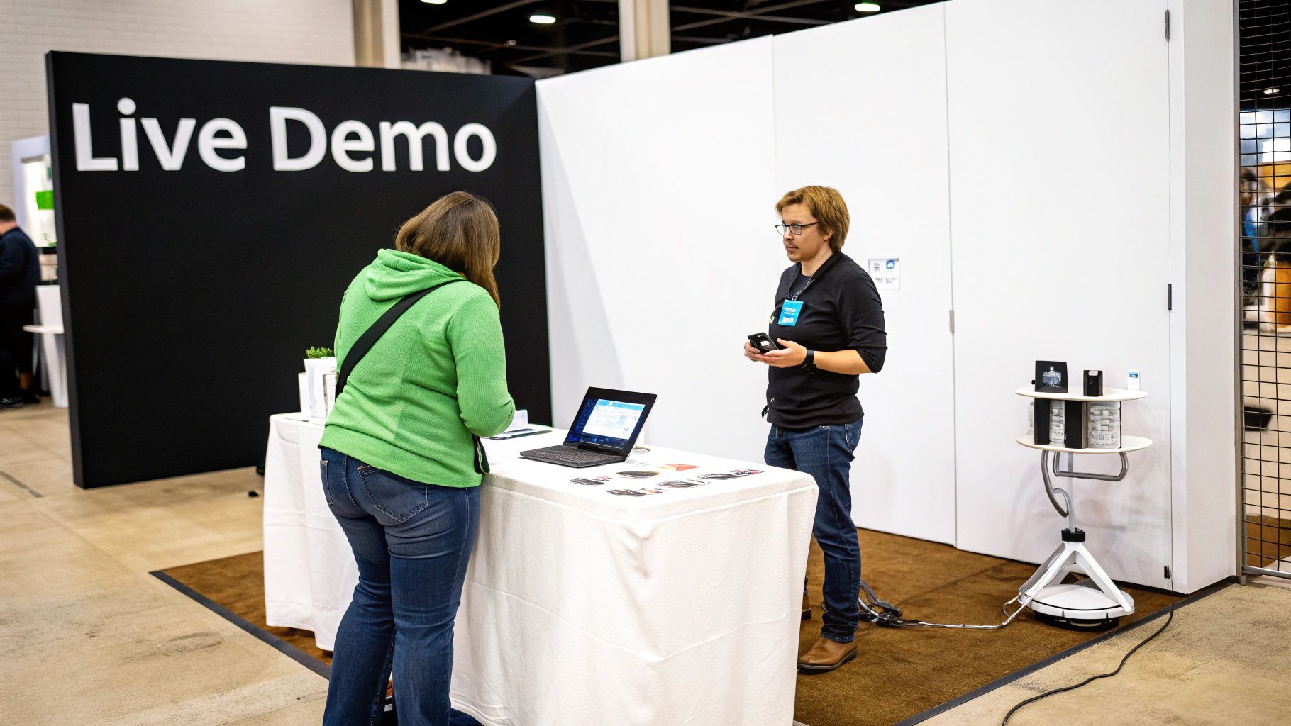 Two people engaging at a 'Live Demo' booth with a laptop and products on display, likely at a trade show.