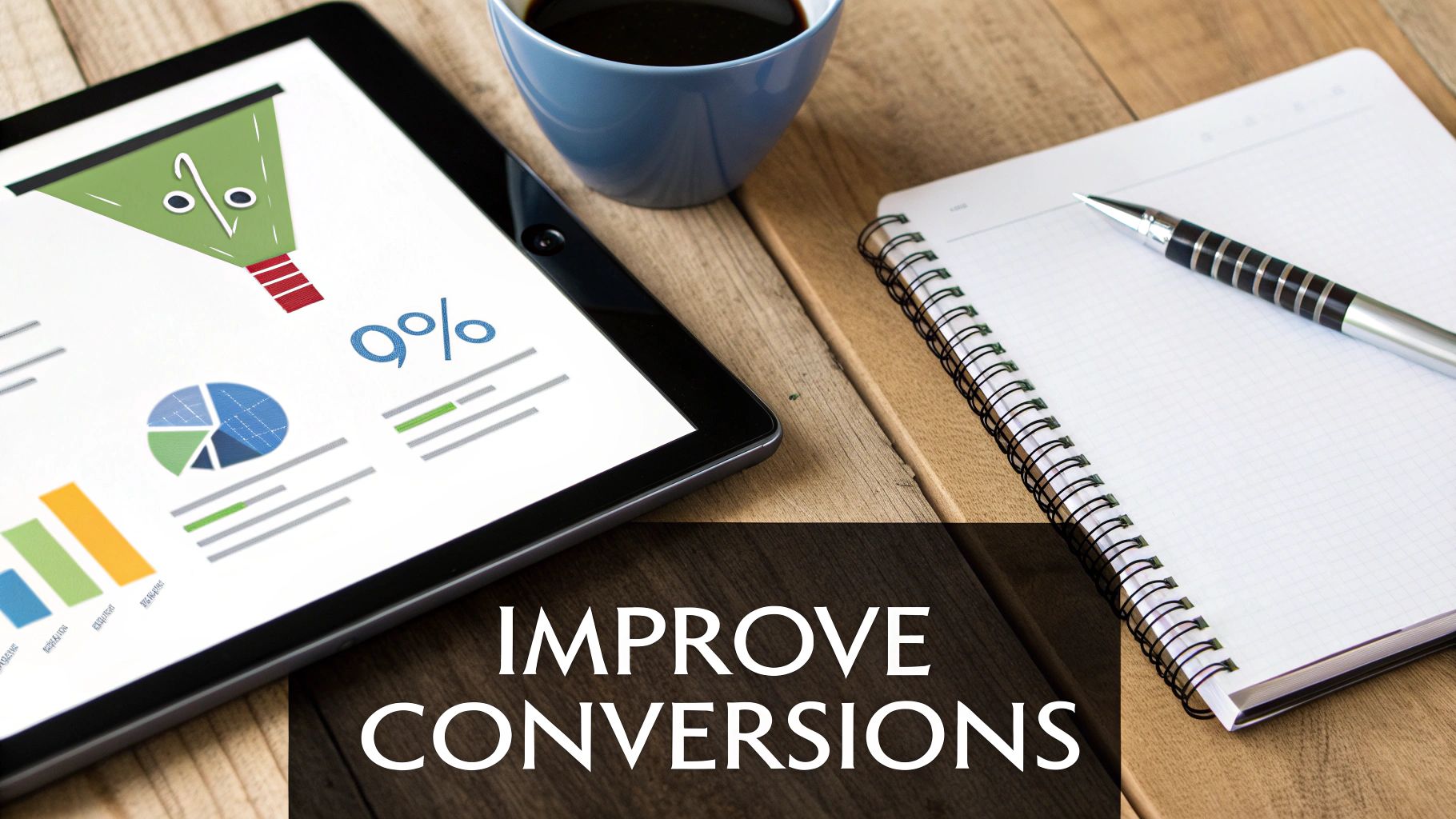 Overhead shot of a tablet displaying conversion data, a coffee cup, and a notebook on a wooden desk with 'IMPROVE CONVERSIONS' text.