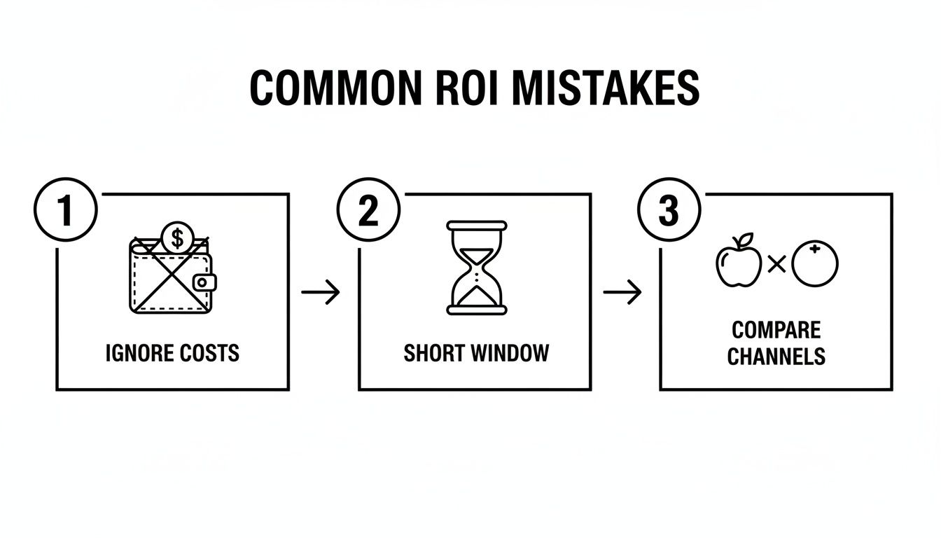 Diagram showing three common ROI mistakes: ignoring costs, short window, and comparing channels.