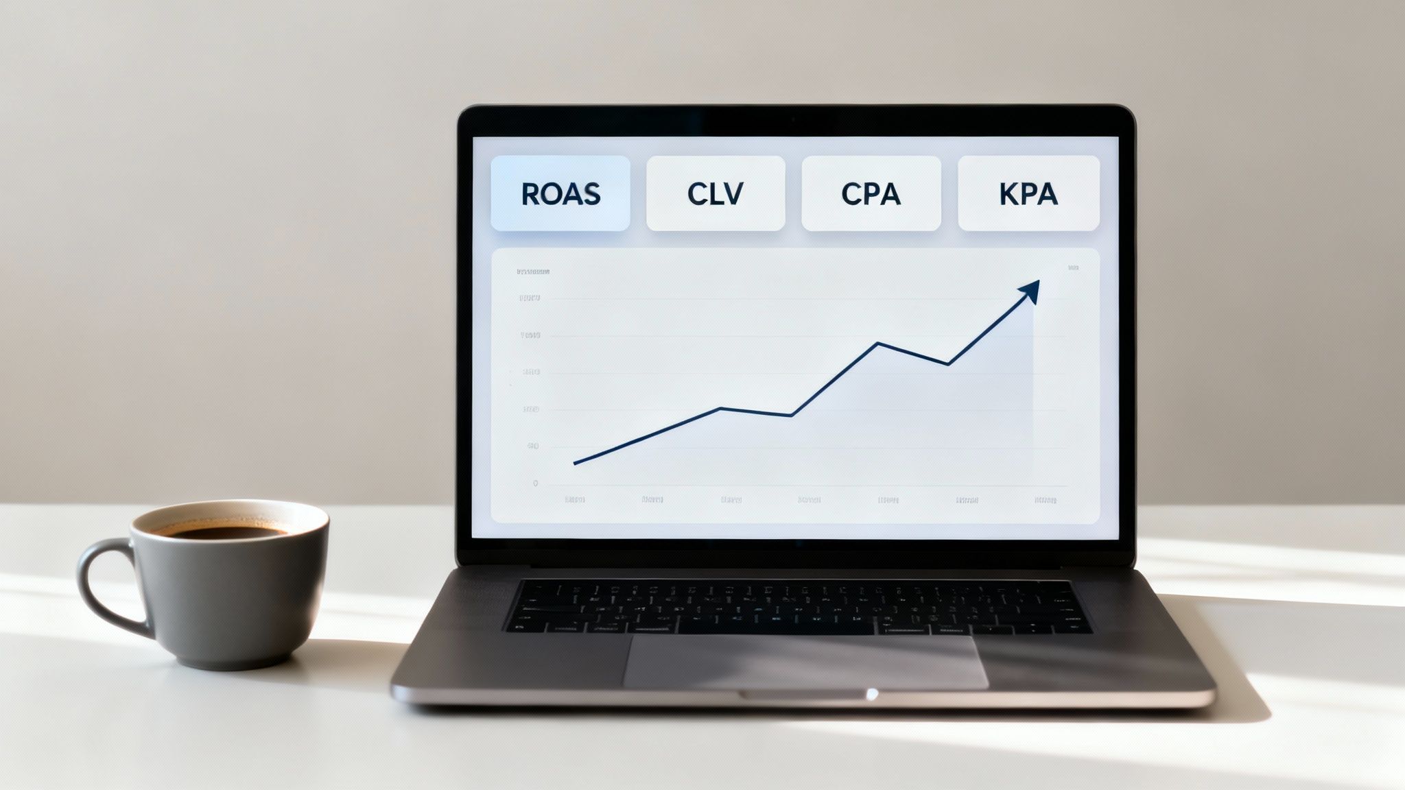 Laptop displaying a marketing analytics dashboard with ROAS, CLV, CPA, KPA metrics and a growth graph.