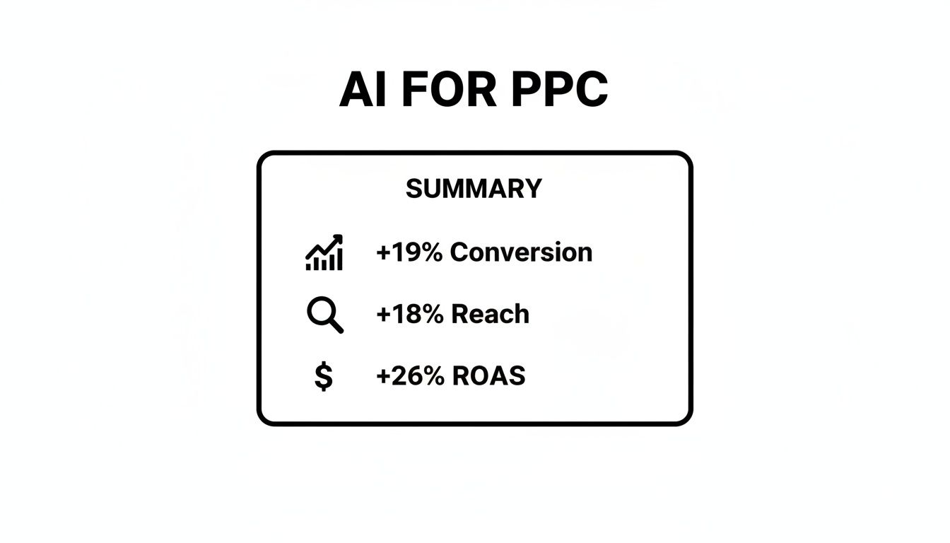 Graphic displaying AI for PPC summary: +19% Conversion, +18% Reach, +26% ROAS improvements.