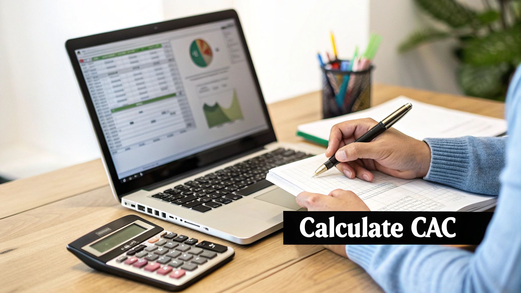A person calculates customer acquisition cost using a laptop, calculator, and notebook on a desk.