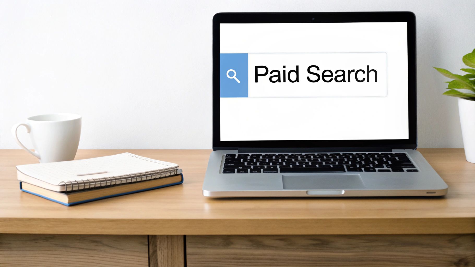 Laptop screen displaying 'Paid Search' in a search bar, surrounded by a mug, notebooks, and a plant on a desk.