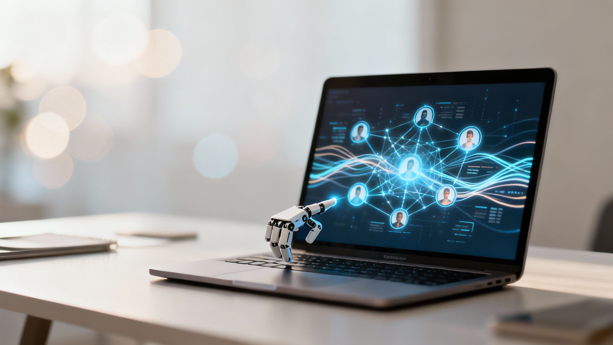 A robotic hand interacts with a laptop displaying a glowing network of connected user profiles.