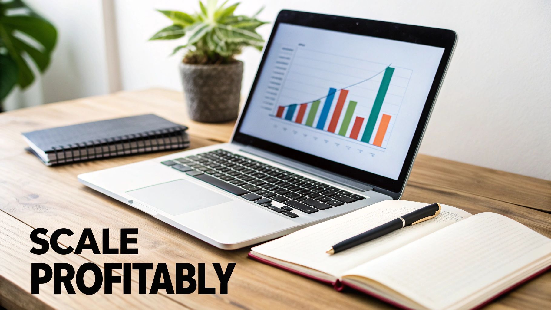 A laptop displaying a colorful bar graph showing business growth, with notebooks and a pen on a wooden desk, emphasizing scaling profitably.
