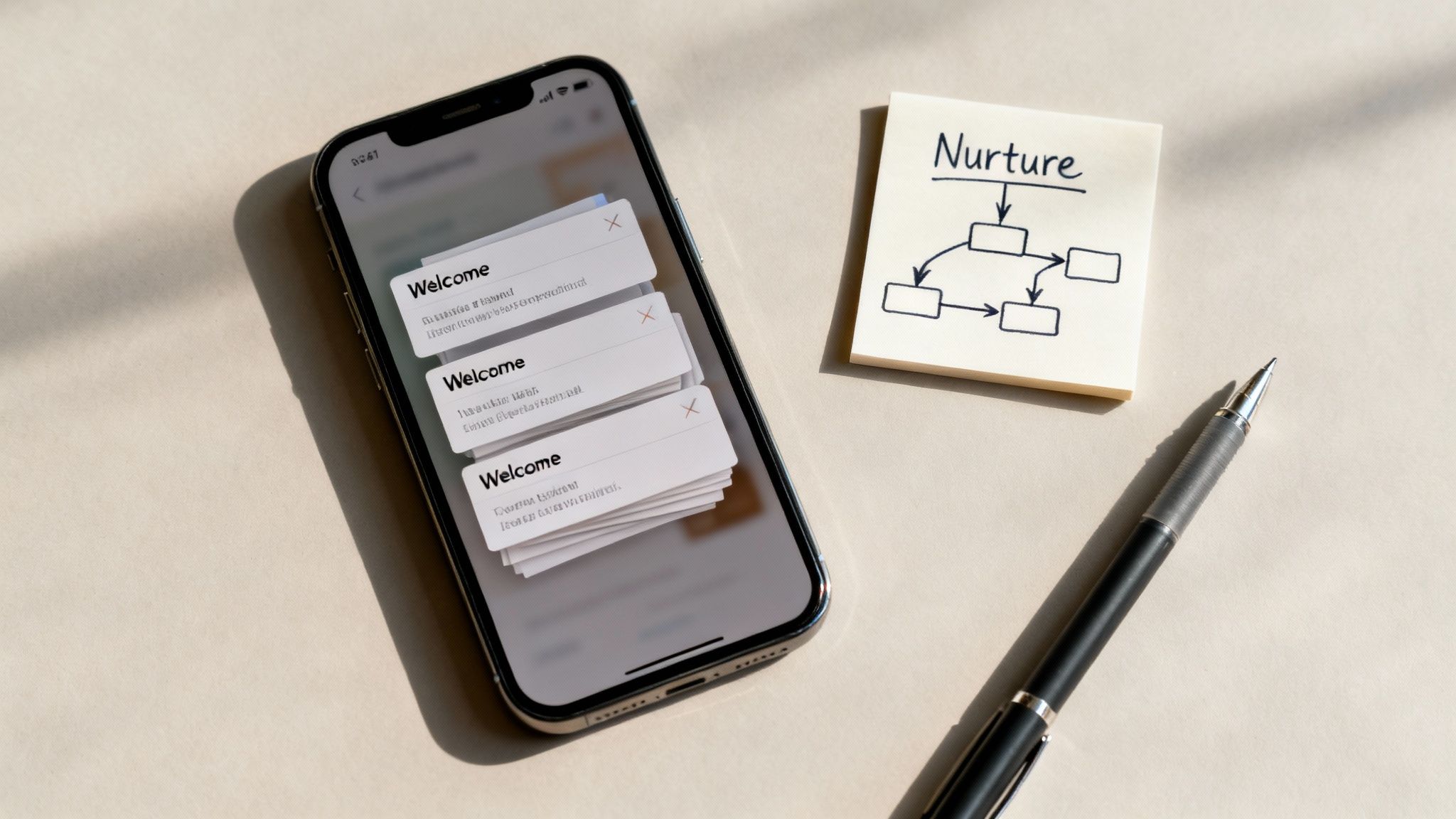 Overhead view of an iPhone displaying welcome notifications next to a 'Nurture' strategy flowchart on a sticky note and a pen.
