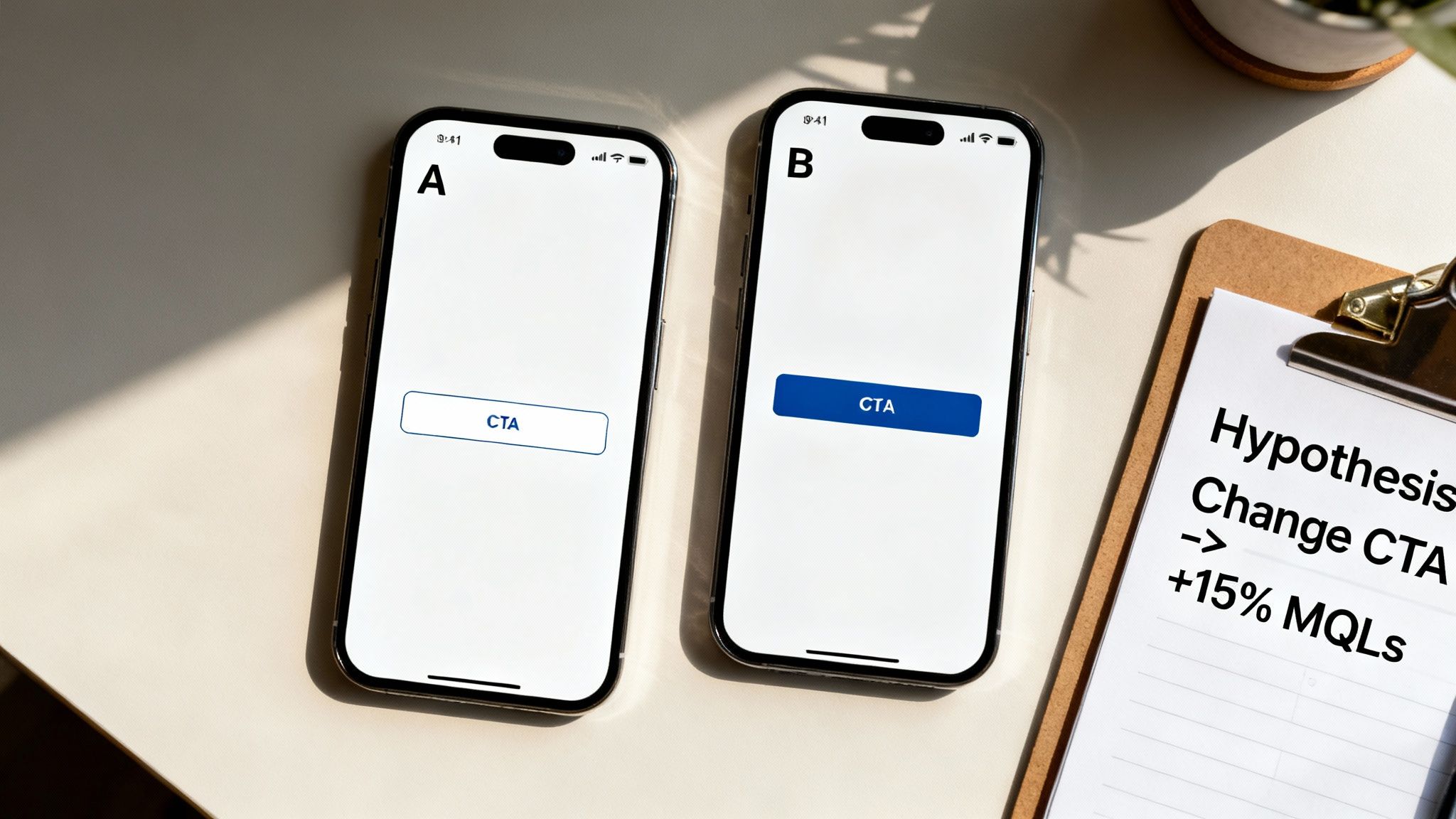 Two smartphones show A/B test variations of a CTA button next to a marketing hypothesis.