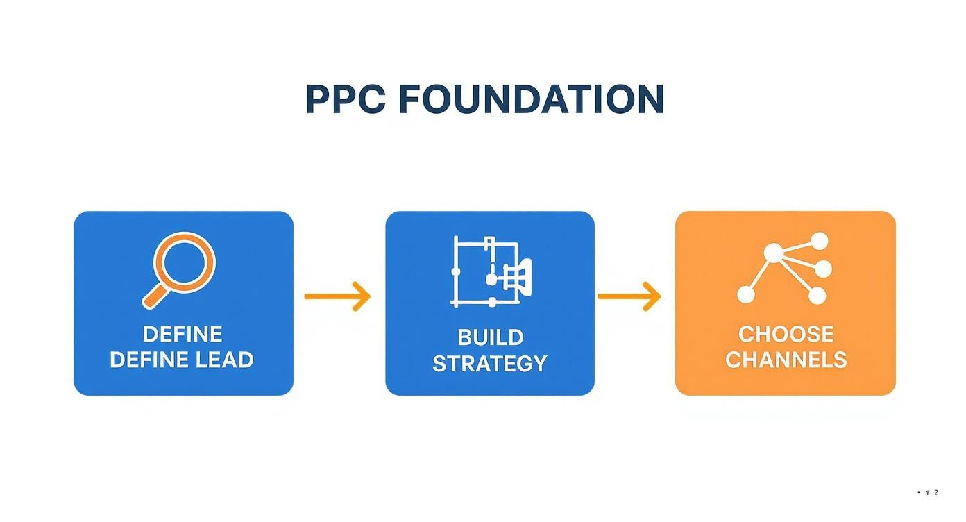A flowchart showing the PPC foundation process: Define Lead, Build Strategy, Choose Channels.