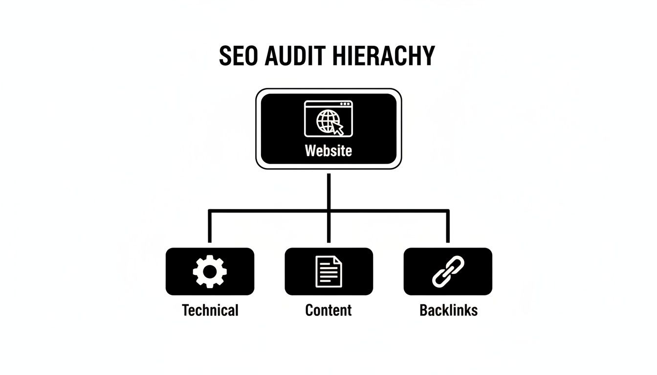 A diagram illustrating the SEO audit hierarchy: Website at the top, leading to Technical, Content, and Backlinks.