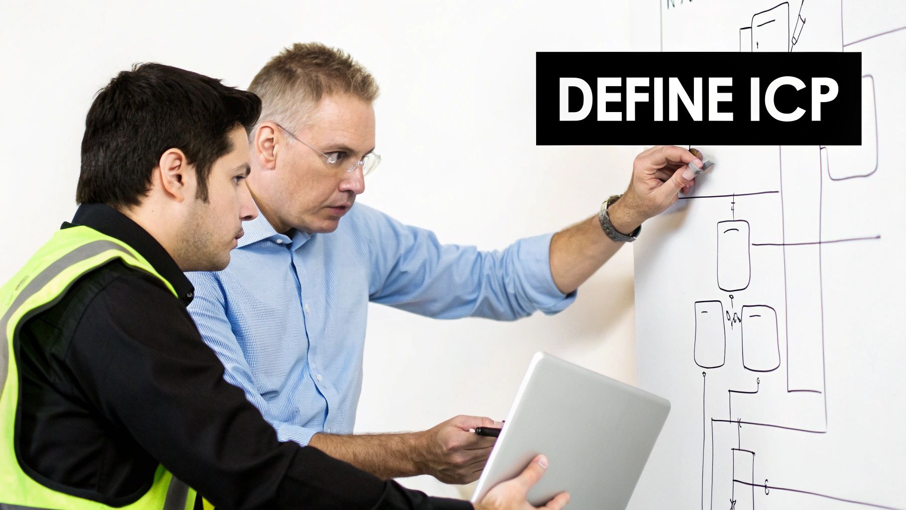 Two professionals collaborating, one drawing on a whiteboard with diagrams, the other reviewing a laptop.