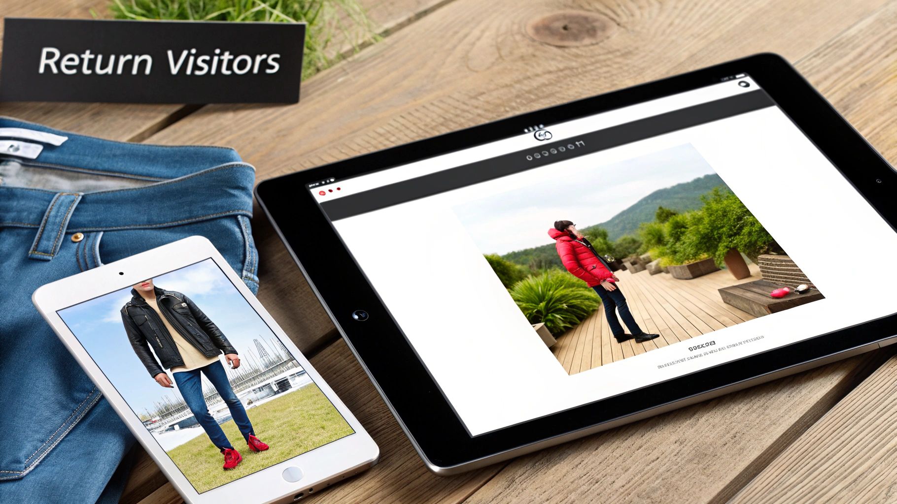 A tablet and smartphone display fashion models, with jeans and a 'Return Visitors' sign, symbolizing e-commerce.