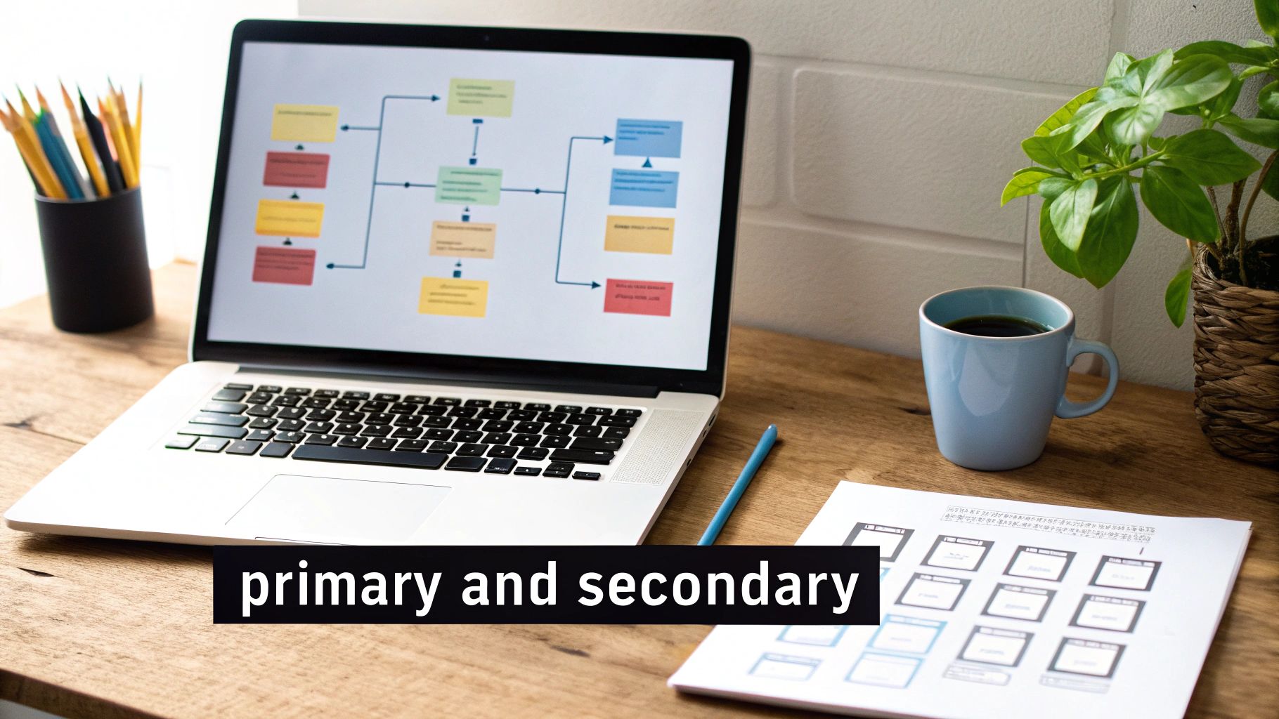 A laptop displaying a flowchart on a wooden desk, surrounded by a coffee mug, pencils, and a plant.