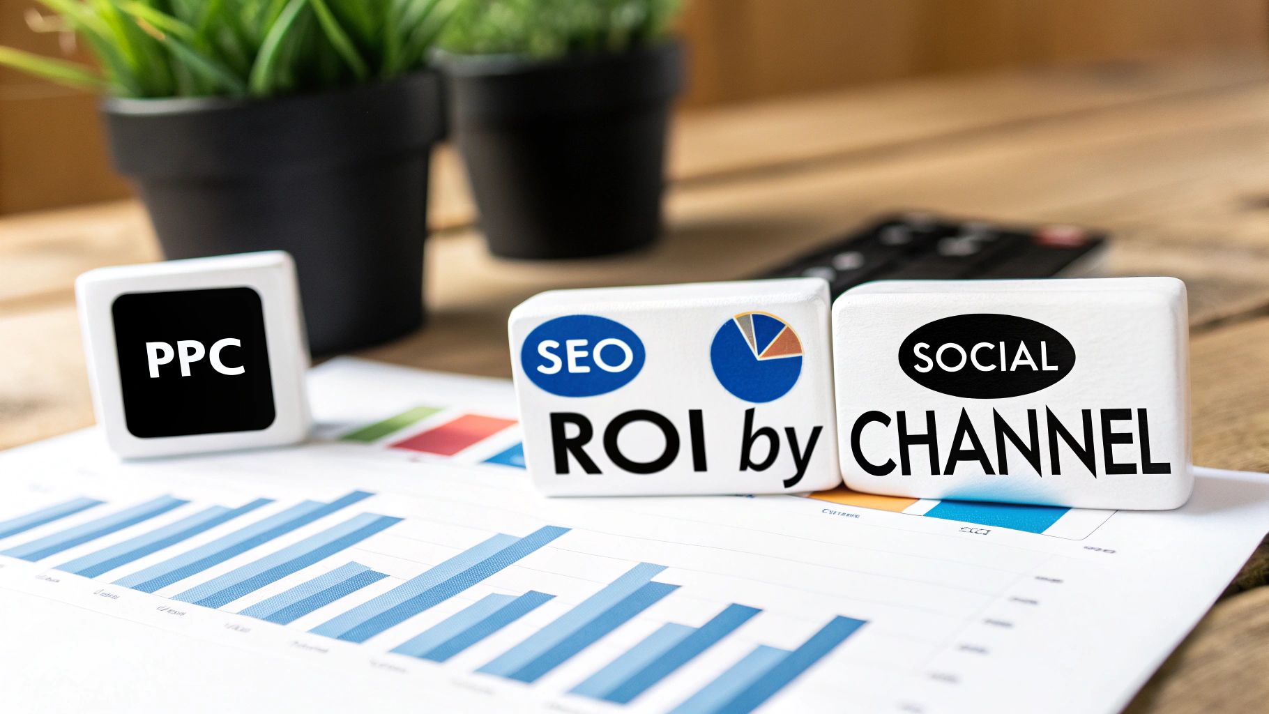 Blocks displaying PPC, SEO ROI, and Social Channel on a marketing report with bar charts.
