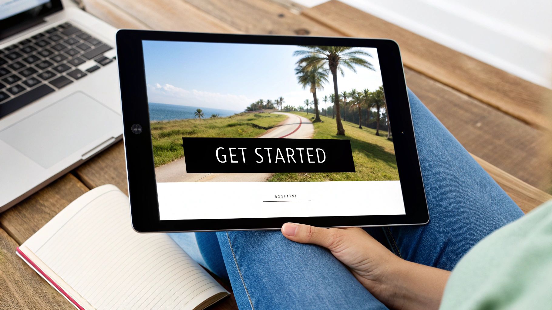 A person holds a tablet displaying 'GET STARTED' over a scenic road, with a laptop and notebook nearby.
