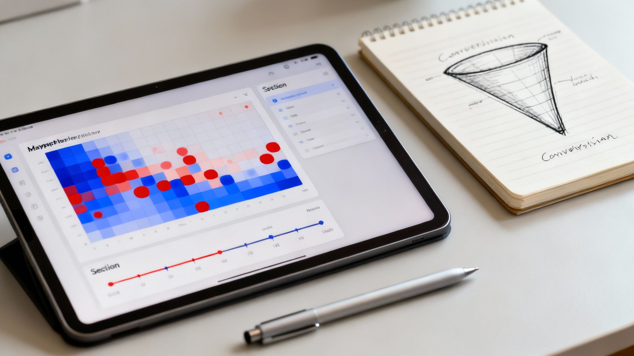 A tablet displays website analytics charts next to a notebook with a hand-drawn conversion funnel and a stylus.