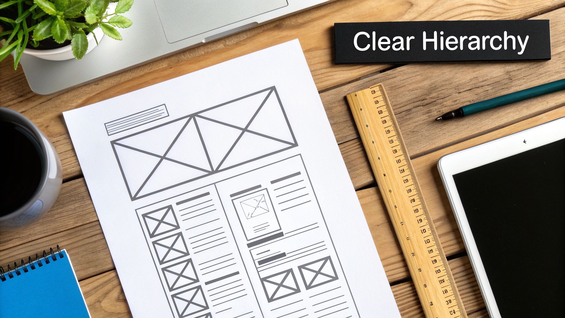 Overhead view of a design workspace with a website wireframe, laptop, coffee, and 'Clear Hierarchy' sign.