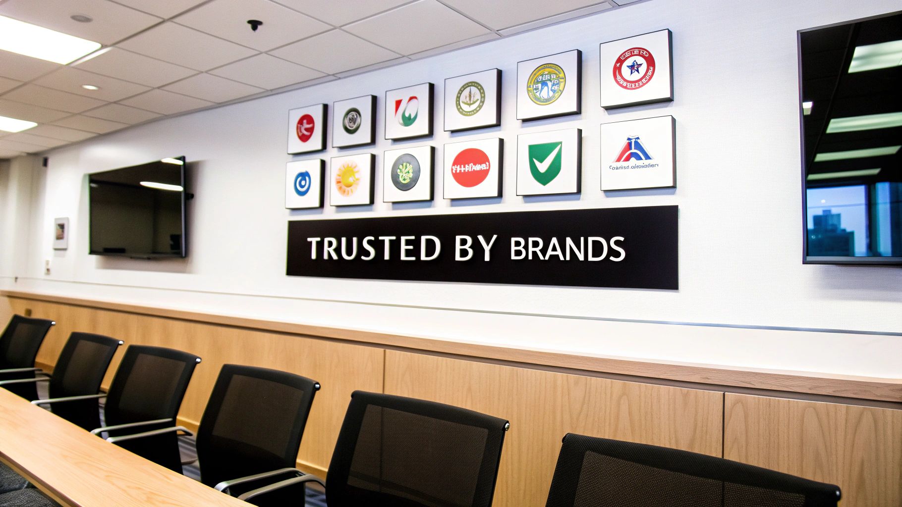 Modern conference room with 'TRUSTED BY BRANDS' sign, various company logos, and empty chairs.