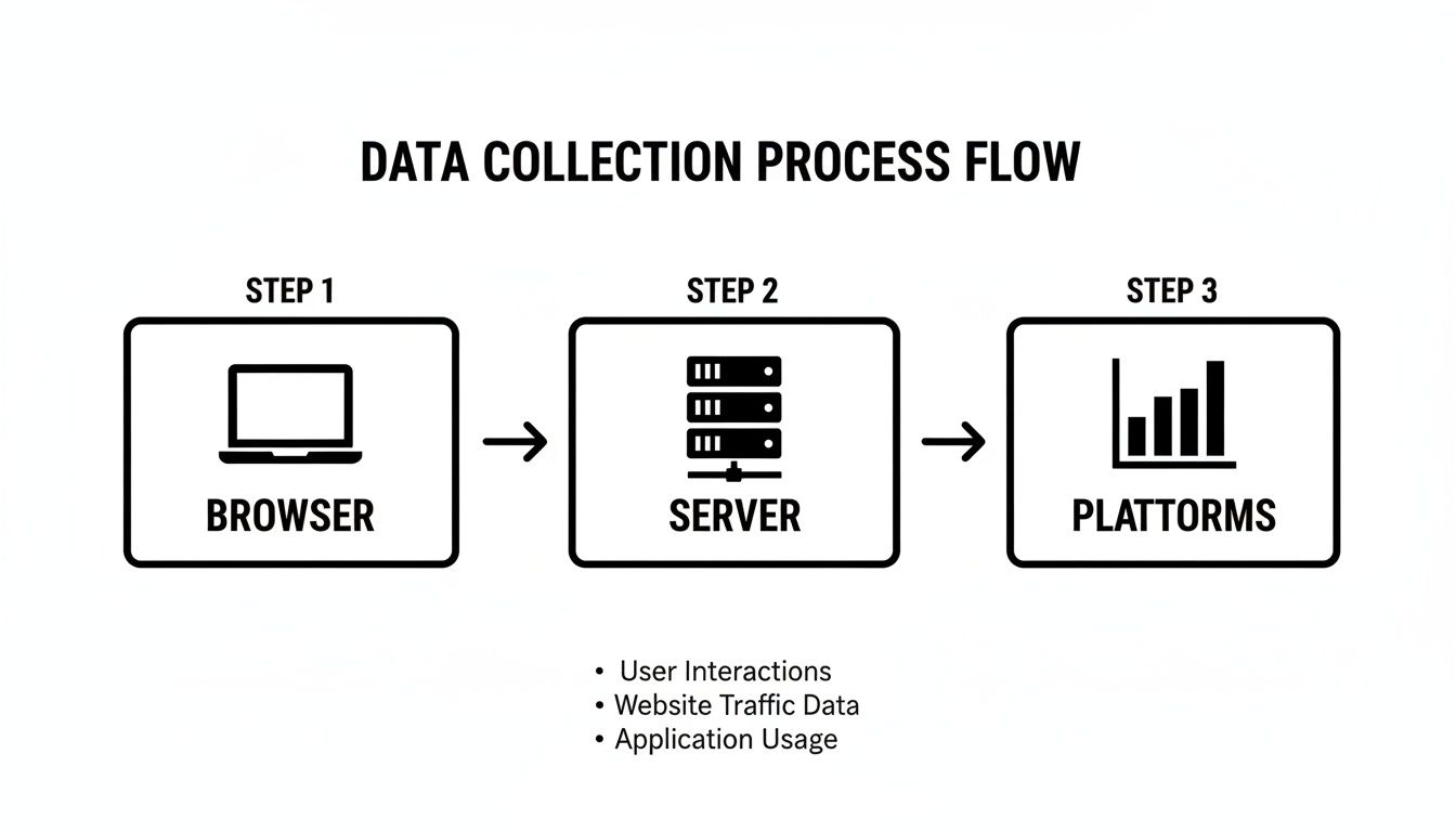 Flowchart showing data collection from browser to server (user interactions, website traffic) then to platforms.