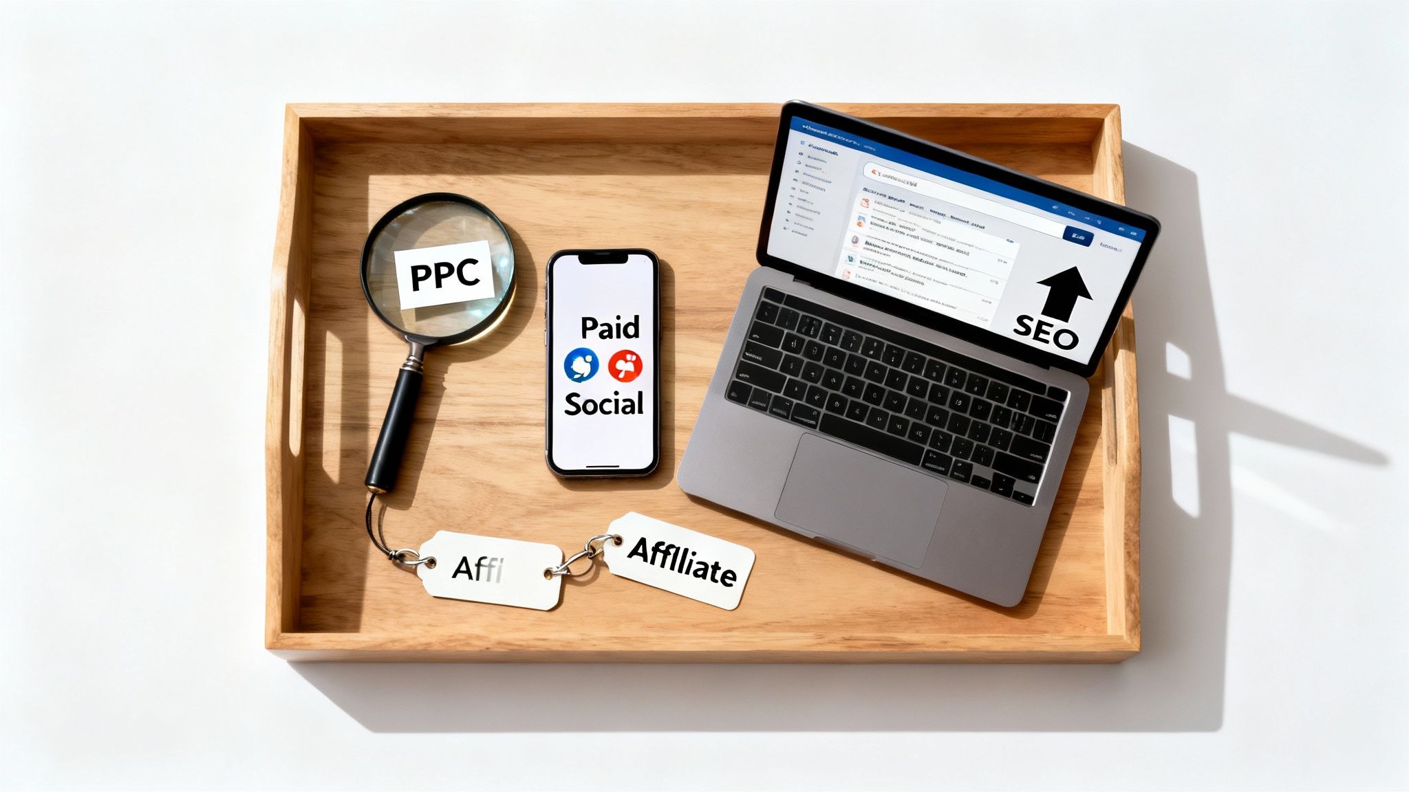 A flat lay displaying various digital marketing concepts like PPC, Paid Social, SEO, and Affiliate, on a wooden tray.