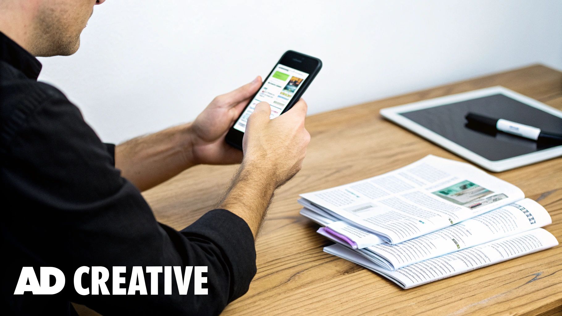 A person reviews content on a smartphone, with open magazines and a tablet on a wooden desk.