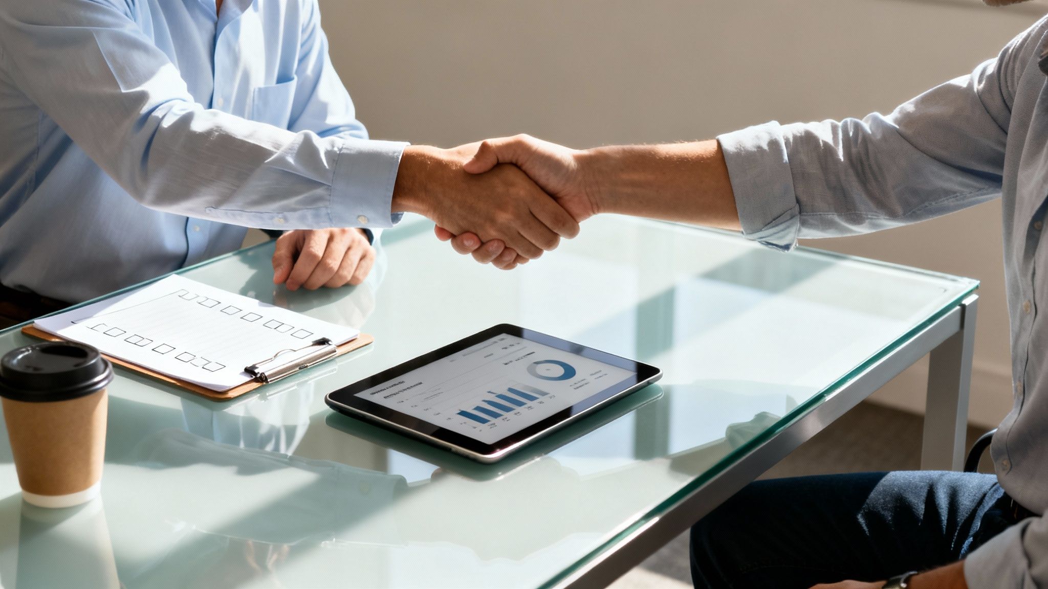 Two business professionals shaking hands across a glass table with a tablet displaying data and a checklist.