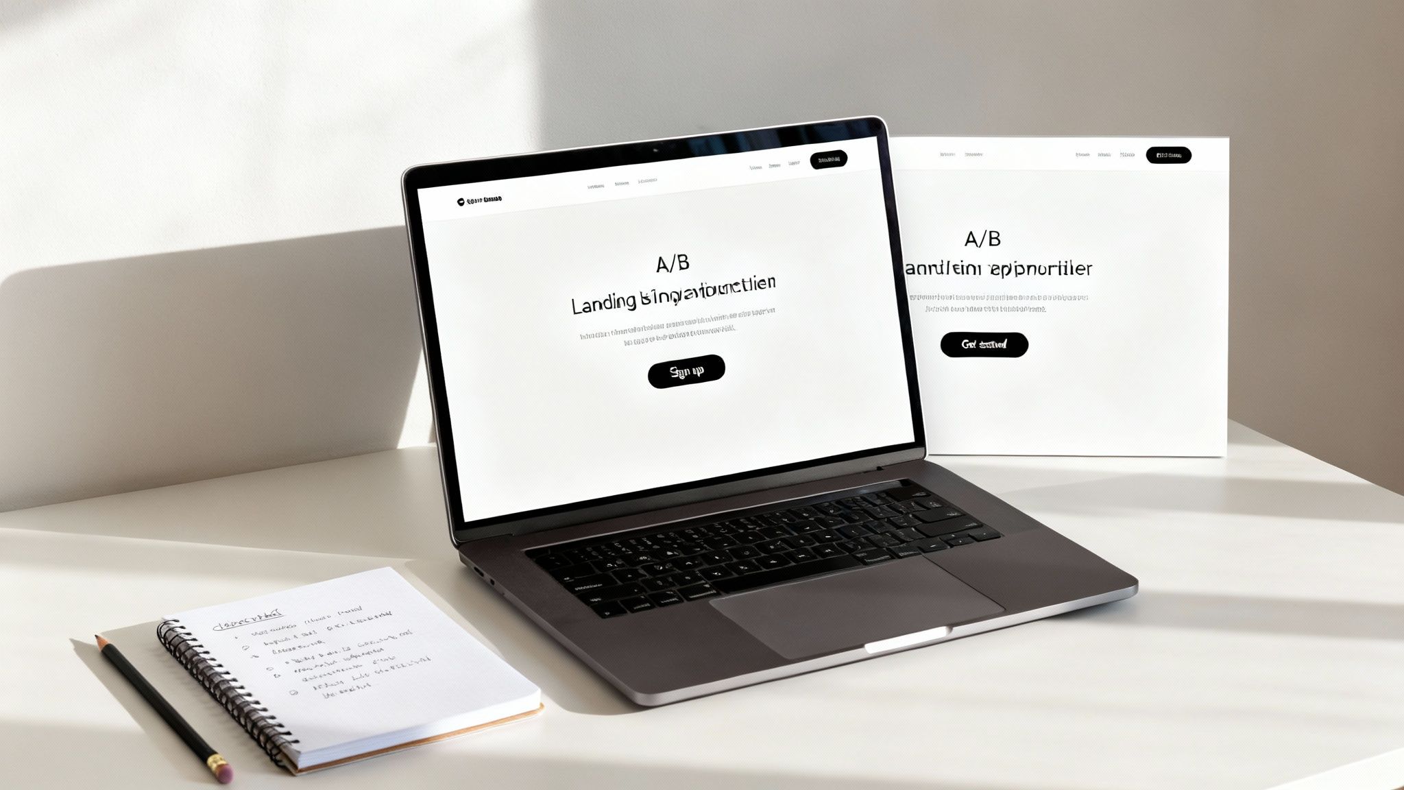 A laptop and a vertical display show different A/B test landing page designs on a clean white desk.