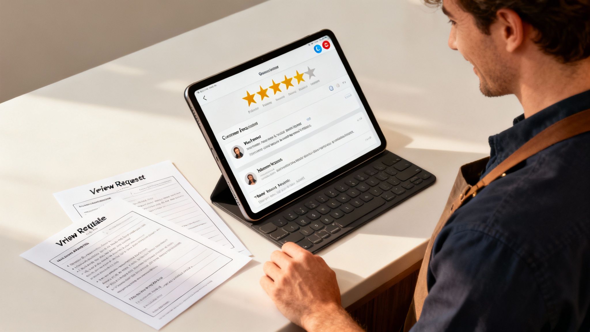 A man in a brown apron reviewing customer feedback and ratings on a tablet.