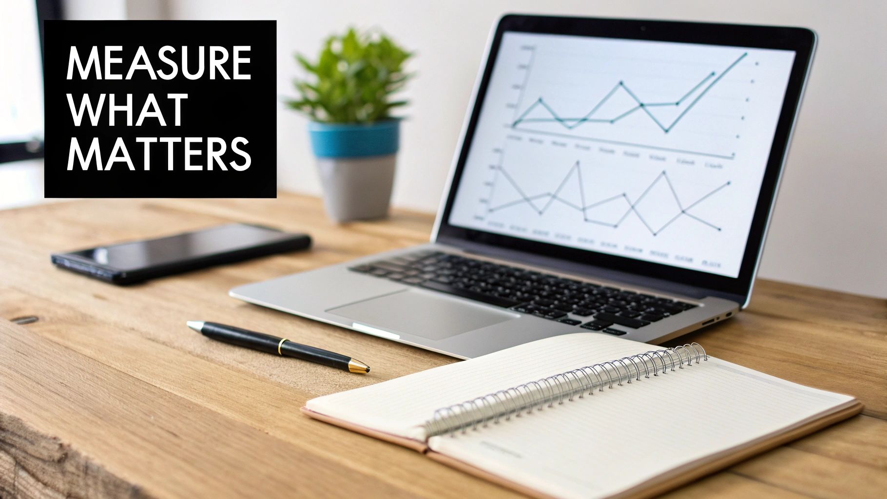 A laptop on a wooden desk displays data charts, alongside a smartphone, pen, and notebook. Text reads 'MEASURE WHAT MATTERS'.