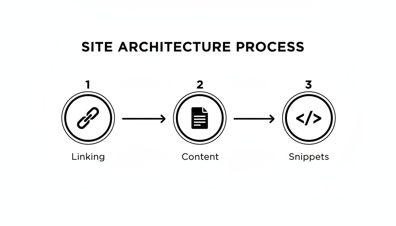 Diagram illustrating the site architecture process, including linking, content, and snippets.