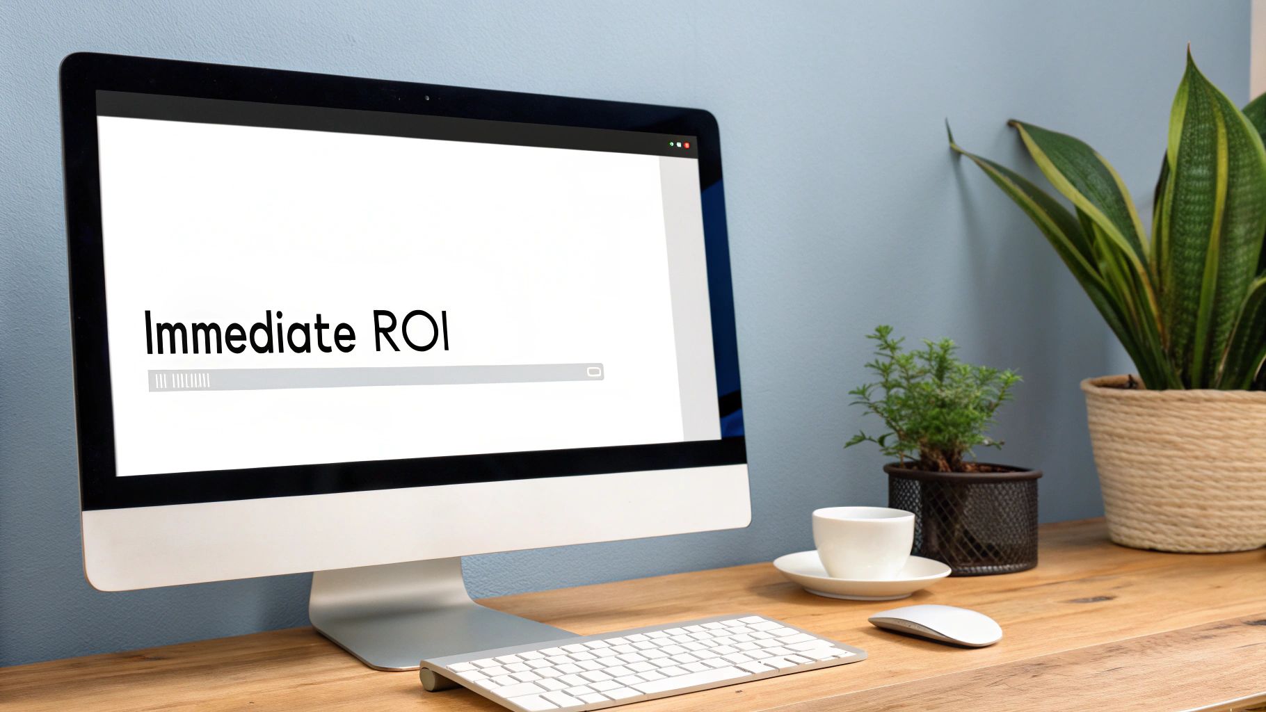 A clean workspace featuring a computer screen displaying 'Immediate ROI', keyboard, mouse, and potted plants.