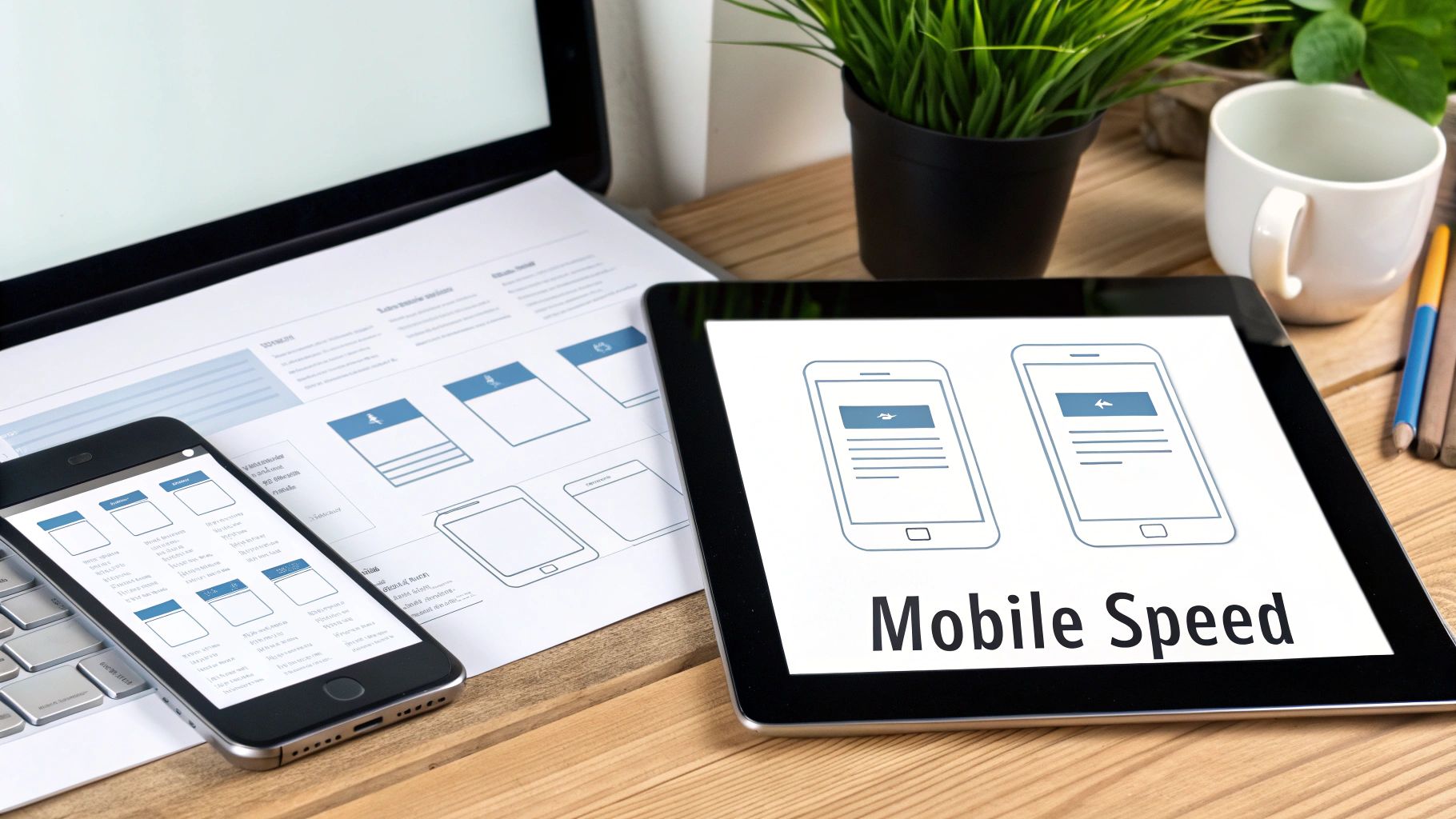 A desk setup with a laptop, smartphone, and tablet displaying 'Mobile Speed' and mobile design concepts.