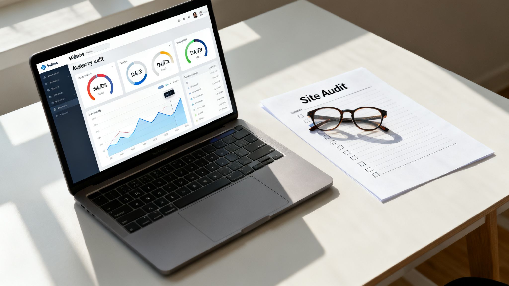 Laptop displaying a website authority audit dashboard with charts and data, next to a 'Site Audit' checklist and glasses.